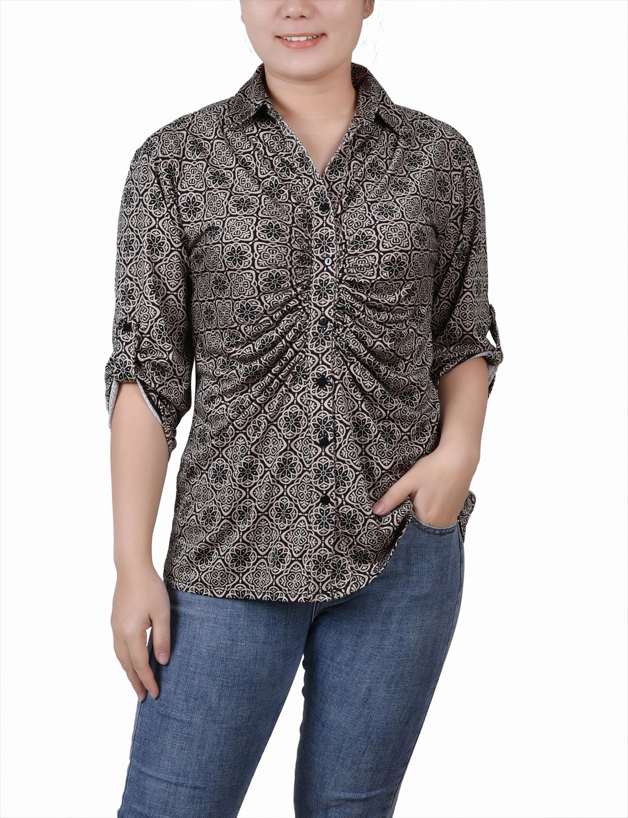 3/4 Roll Tab Rouched-Front Top Wrinkle Recovery Fabric Thermal regulation