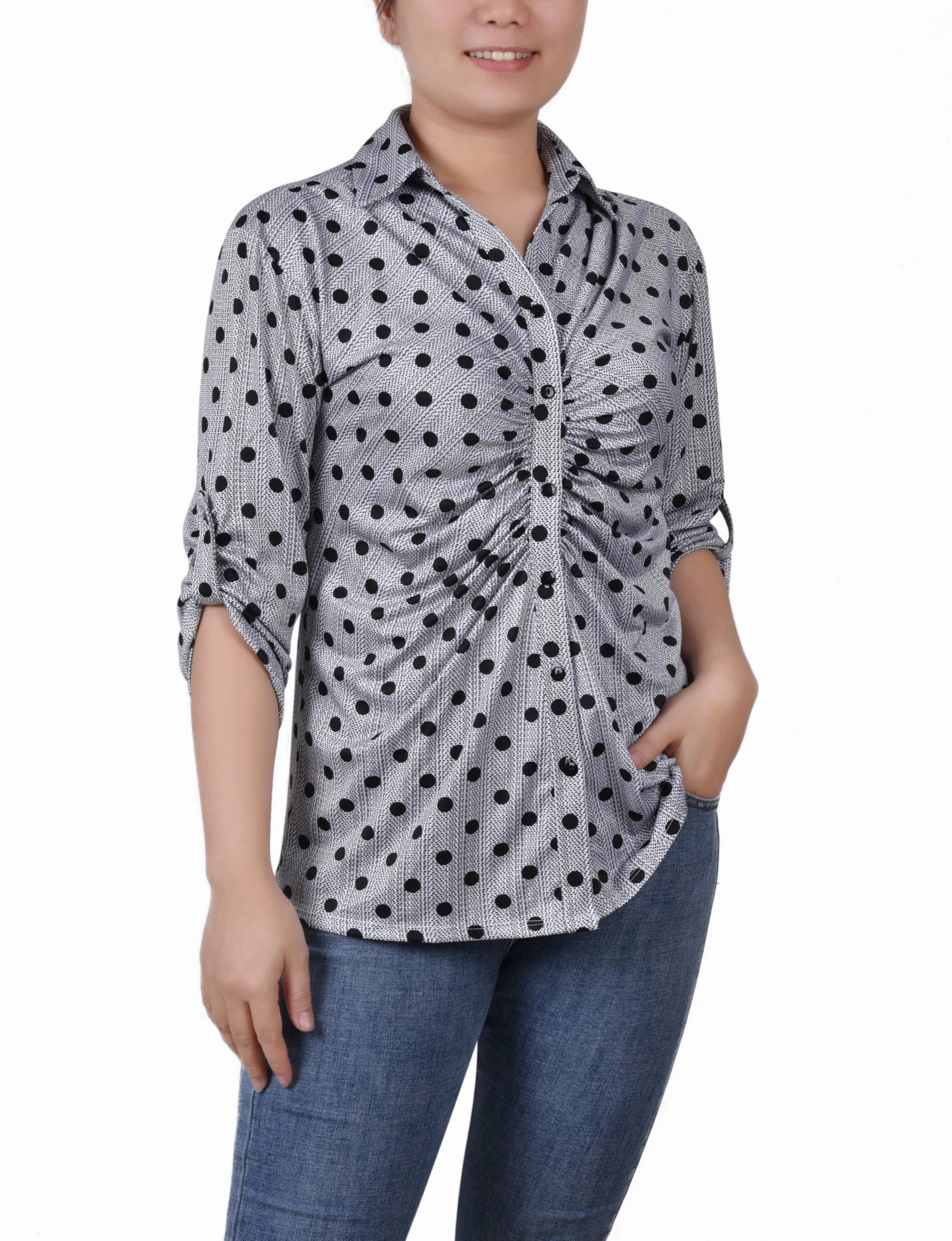 Flexible Rib Trimming No Stress 3/4 Roll Tab Rouched-Front Top