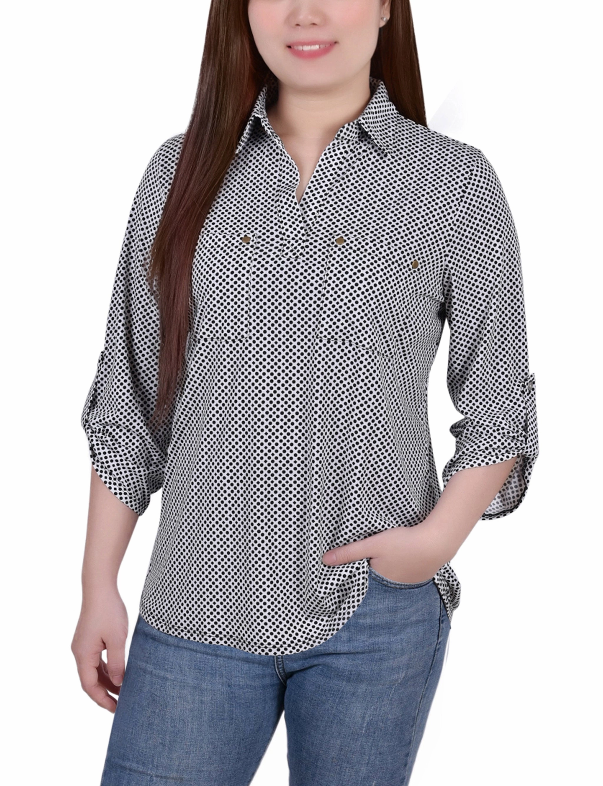 3/4 Roll Tab Sleeve Studded Y Neck Top TemperatureRegulating Fabric Antibacterial Finish