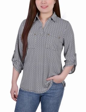 MoistureWicking Fabric 3/4 Roll Tab Sleeve Studded Y Neck Top