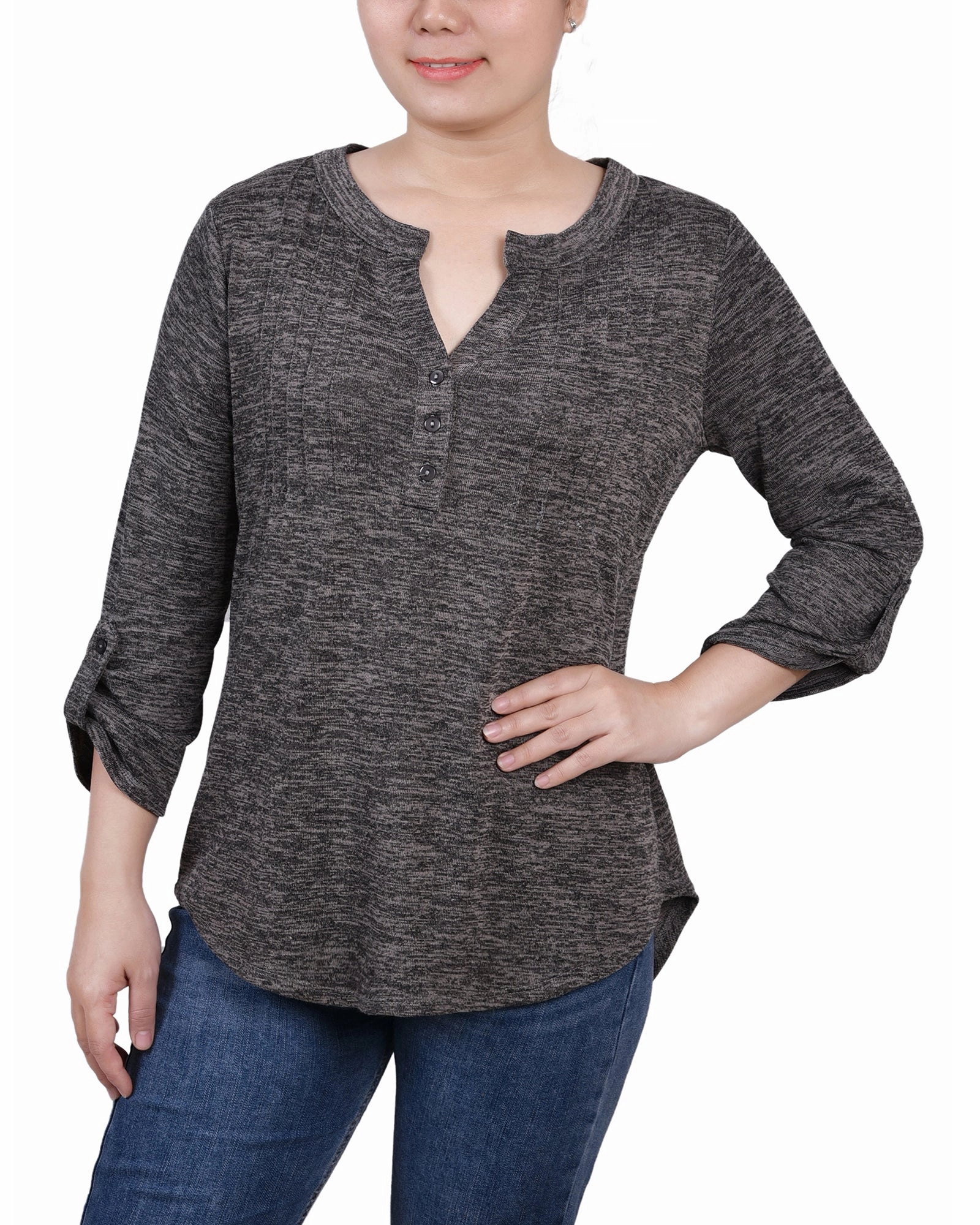 Cool Layer 3/4 Roll Tab Sleeve Y Neck Top