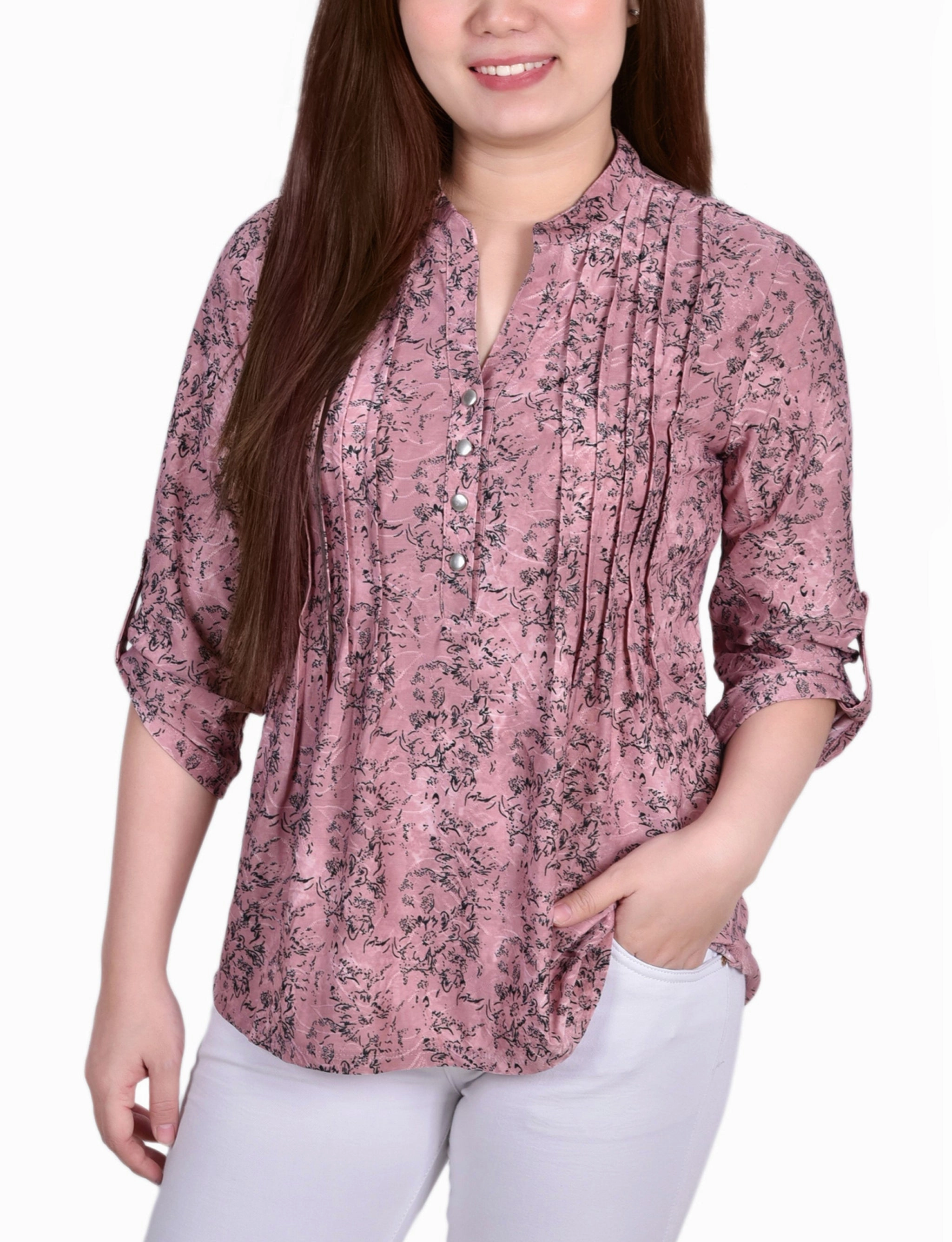 3/4 Roll Tab Sleeve Y Neck Top Transitional Wear