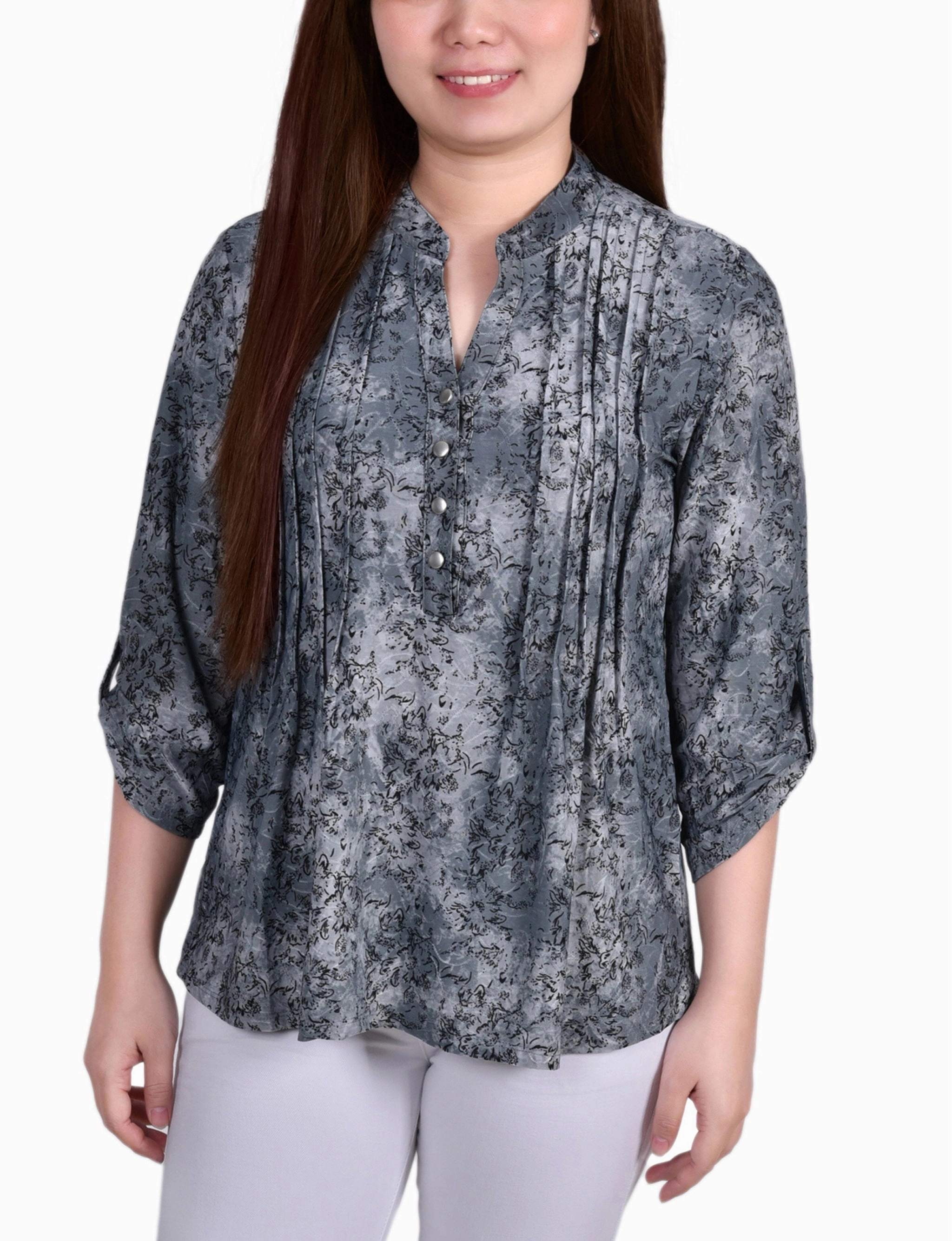 3/4 Roll Tab Sleeve Y Neck Top Textured Fabric Neat Look