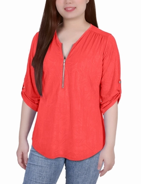 Soft Ribbed Texture 3/4 Roll Tab Zip Front Jacquard Knit Top