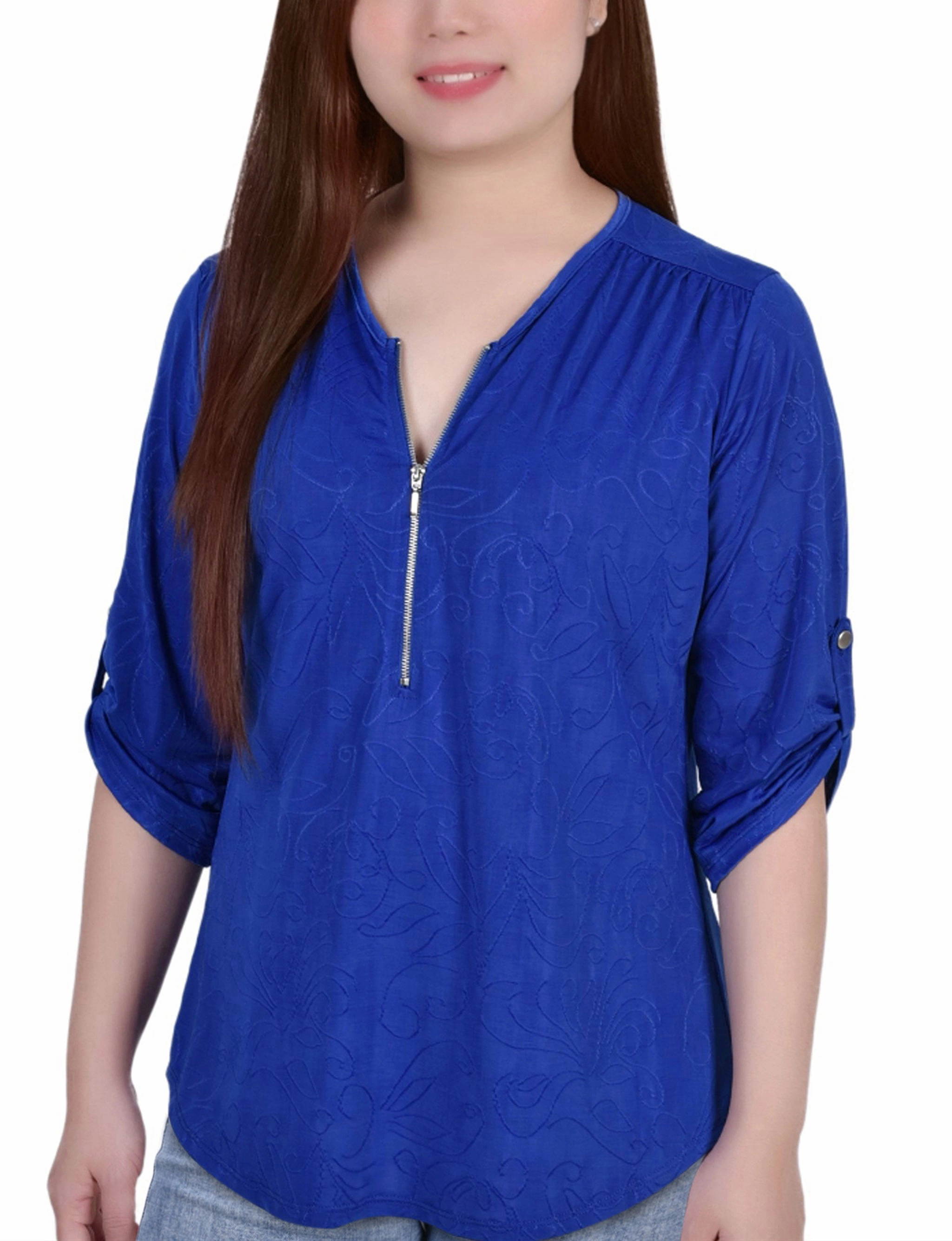 3/4 Roll Tab Zip Front Jacquard Knit Top SeamFree Technology Dimensional Jacquard Weave