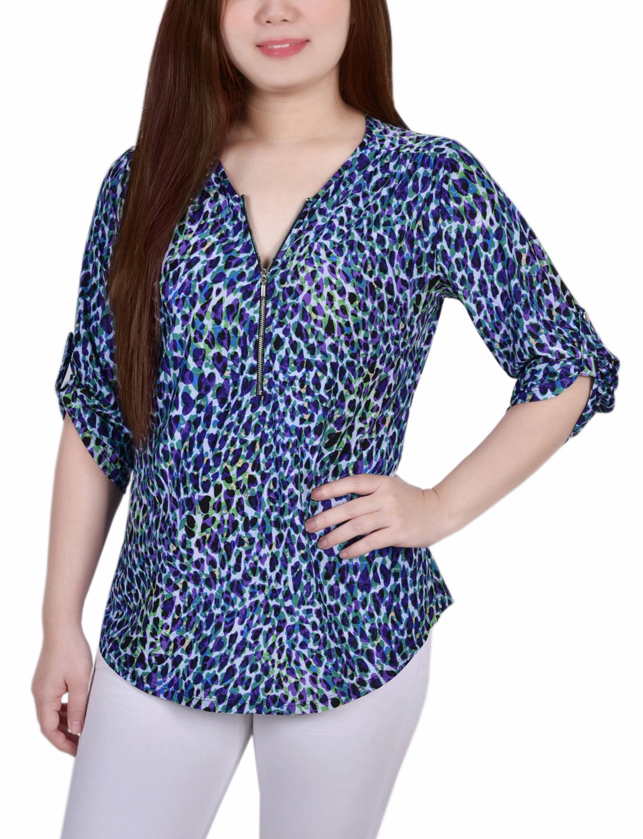 3/4 Roll Tab Zip Front Jacquard Knit Top Smart Layer MultiDirectional Flexibility