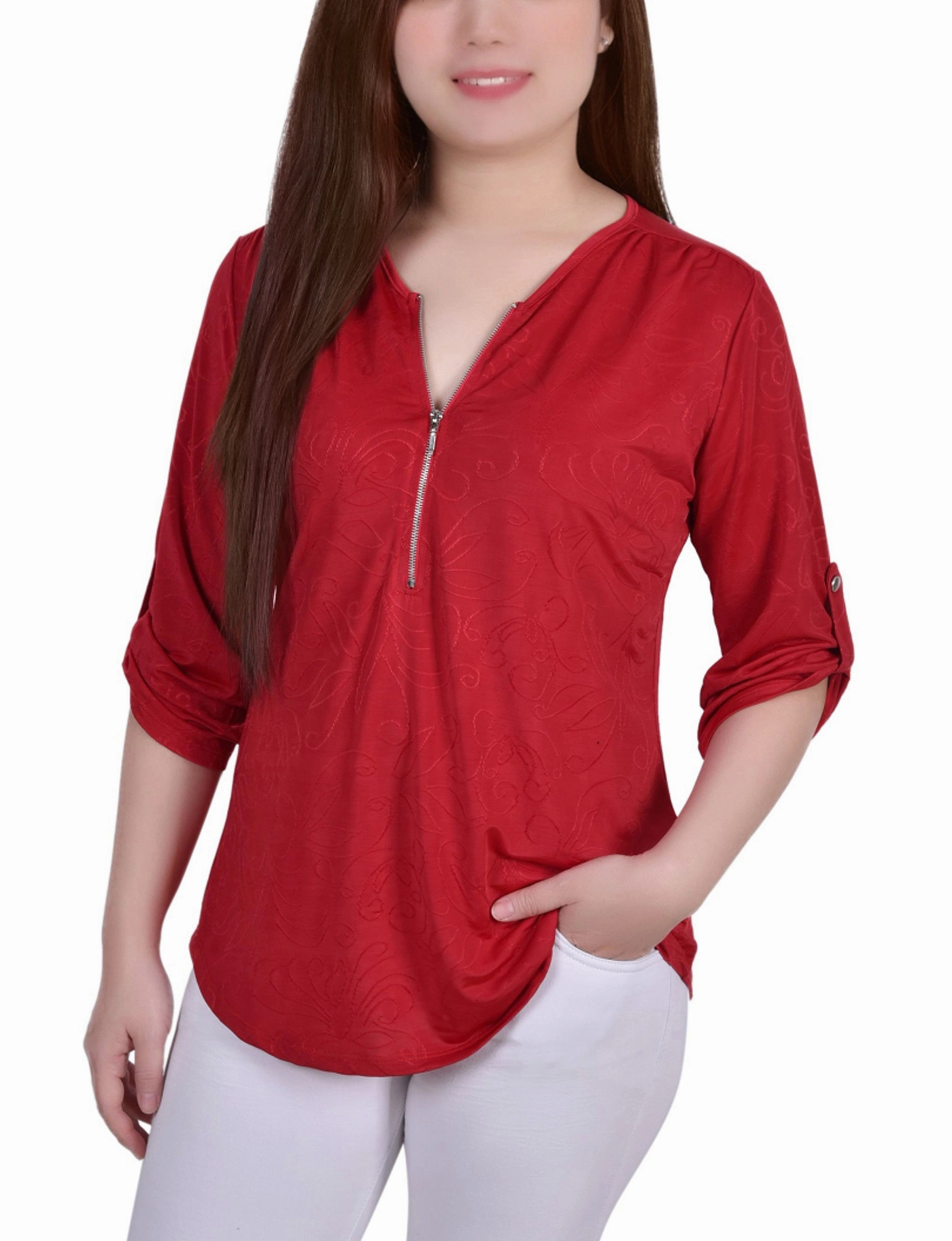 Fresh Casual Wear Crisp Look 3/4 Roll Tab Zip Front Jacquard Knit Top
