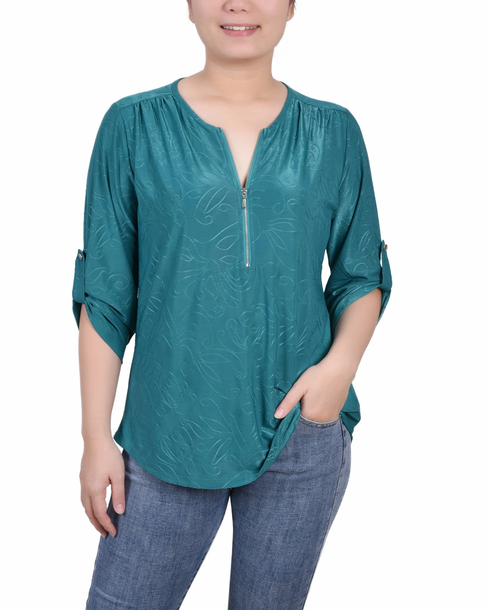 MachineWashable Fabric 3/4 Roll Tab Zip Front Jacquard Knit Top