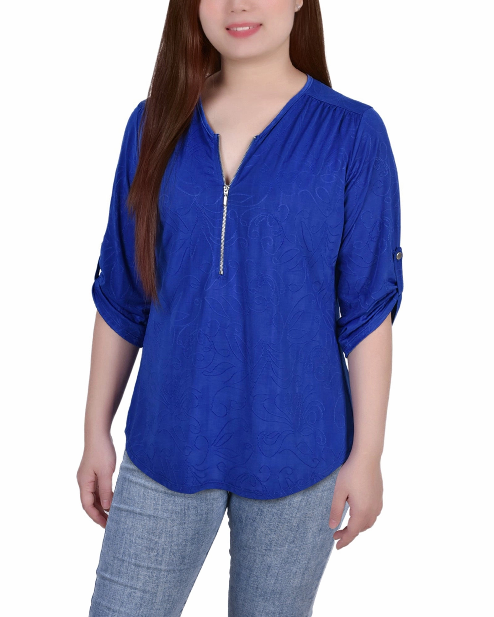 3/4 Roll Tab Zip Front Jacquard Knit Top Biodegradable Fabric