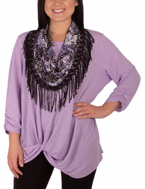 QuickFabric Recovery Durable Stitchwork 3/4 Ruched Sleeve Knot Top With Fringe Tassel Scarf
