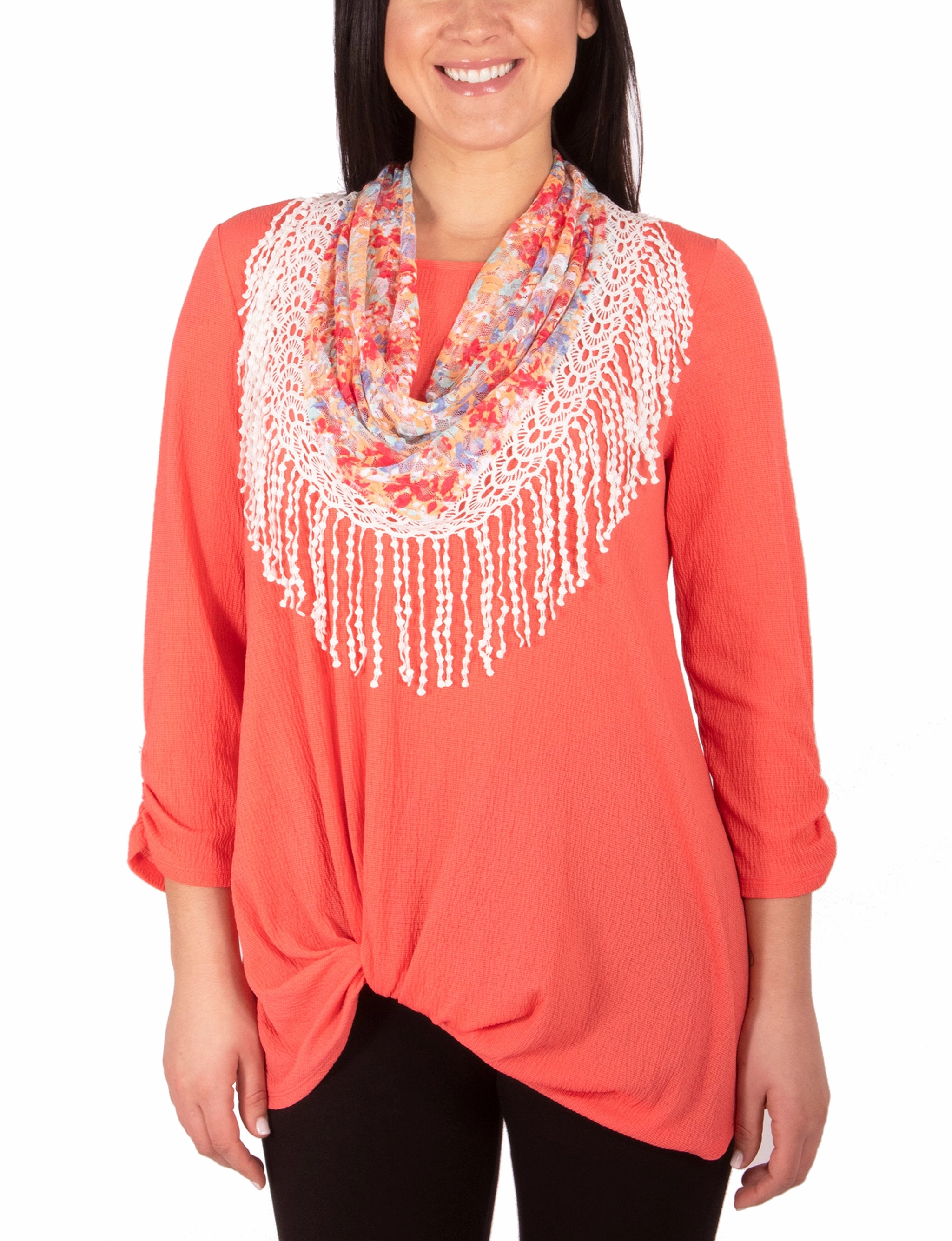 City Casual Layered Knit 3/4 Ruched Sleeve Knot Top With Fringe Tassel Scarf