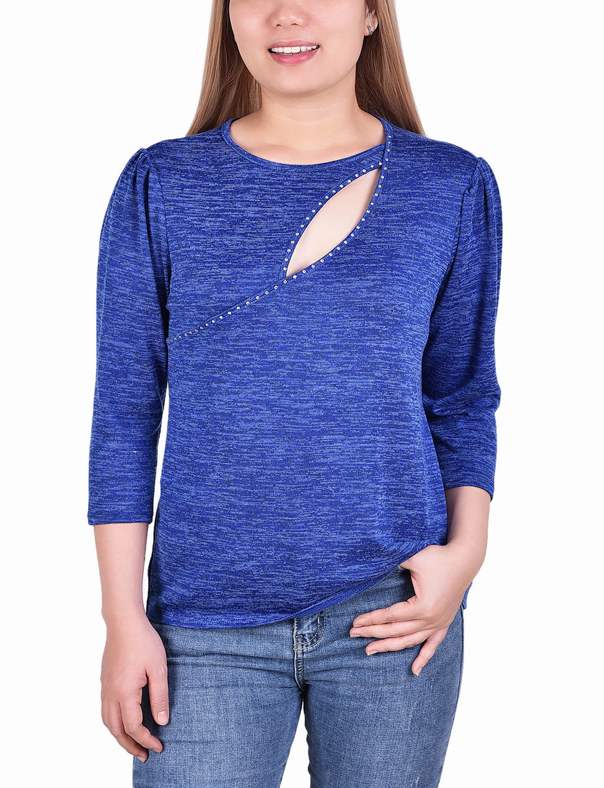 3/4 Sleeve Cutout Neck Top With Studs Light Reflective Trims Knit Reinforced Edges
