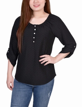 Stretch Flexibility 3/4 Sleeve Honeycomb Henley Top