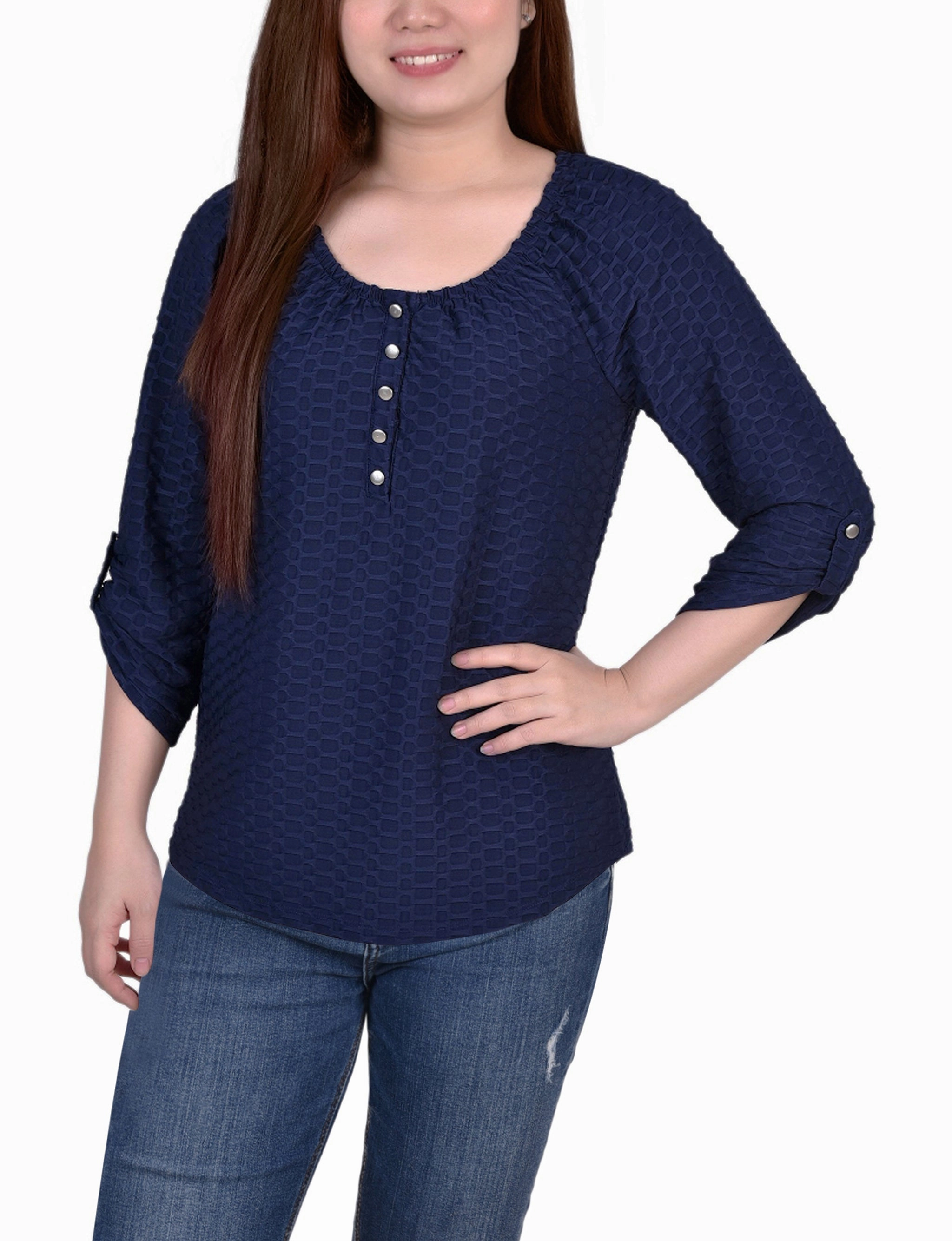 3/4 Sleeve Honeycomb Henley Top FineGauge Knit Mid Season