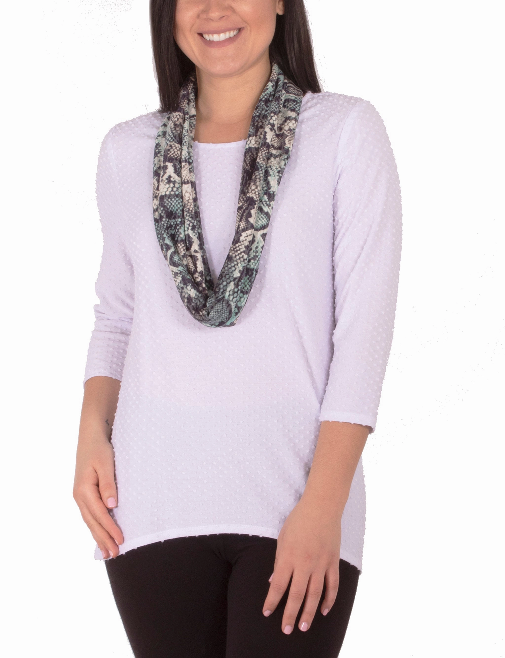 3/4 Sleeve Jewel Neck Top With Scarf Versatile Casual Look Shrink Resistant Treatment