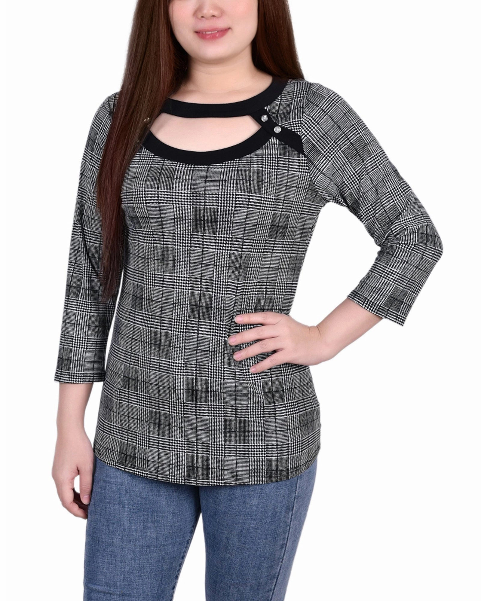 Chill Style Colorfast Technology 3/4 Sleeve Top With Combo Bands And Front Cutout