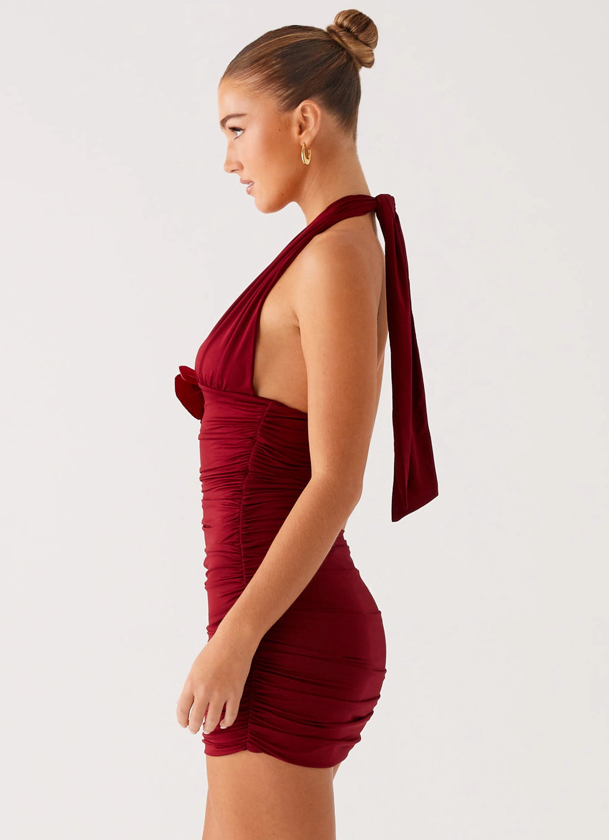 Abelia Halter Mini Dress - Maroon Cool Motion Sunset Hour