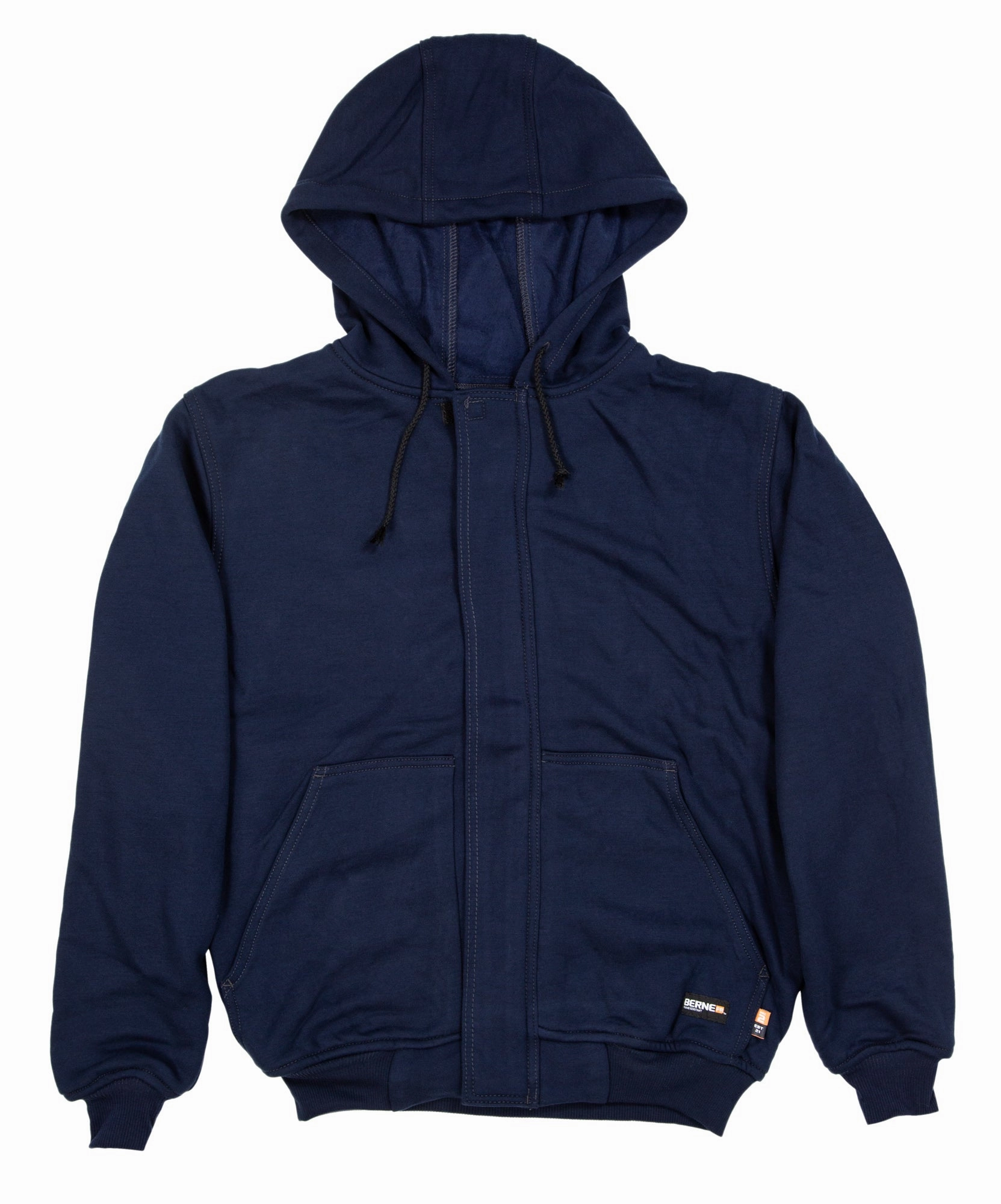 Embellished Neckline Embroidered Logo Berne Mens Navy Cotton Blend FR Hooded Sweatshirt