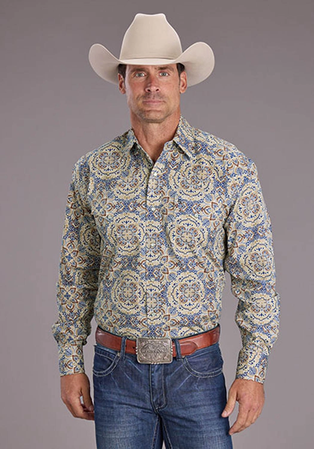 Stetson Mens Summer Medallion Paisley Blue 100% Cotton L/S Shirt Long Sleeve