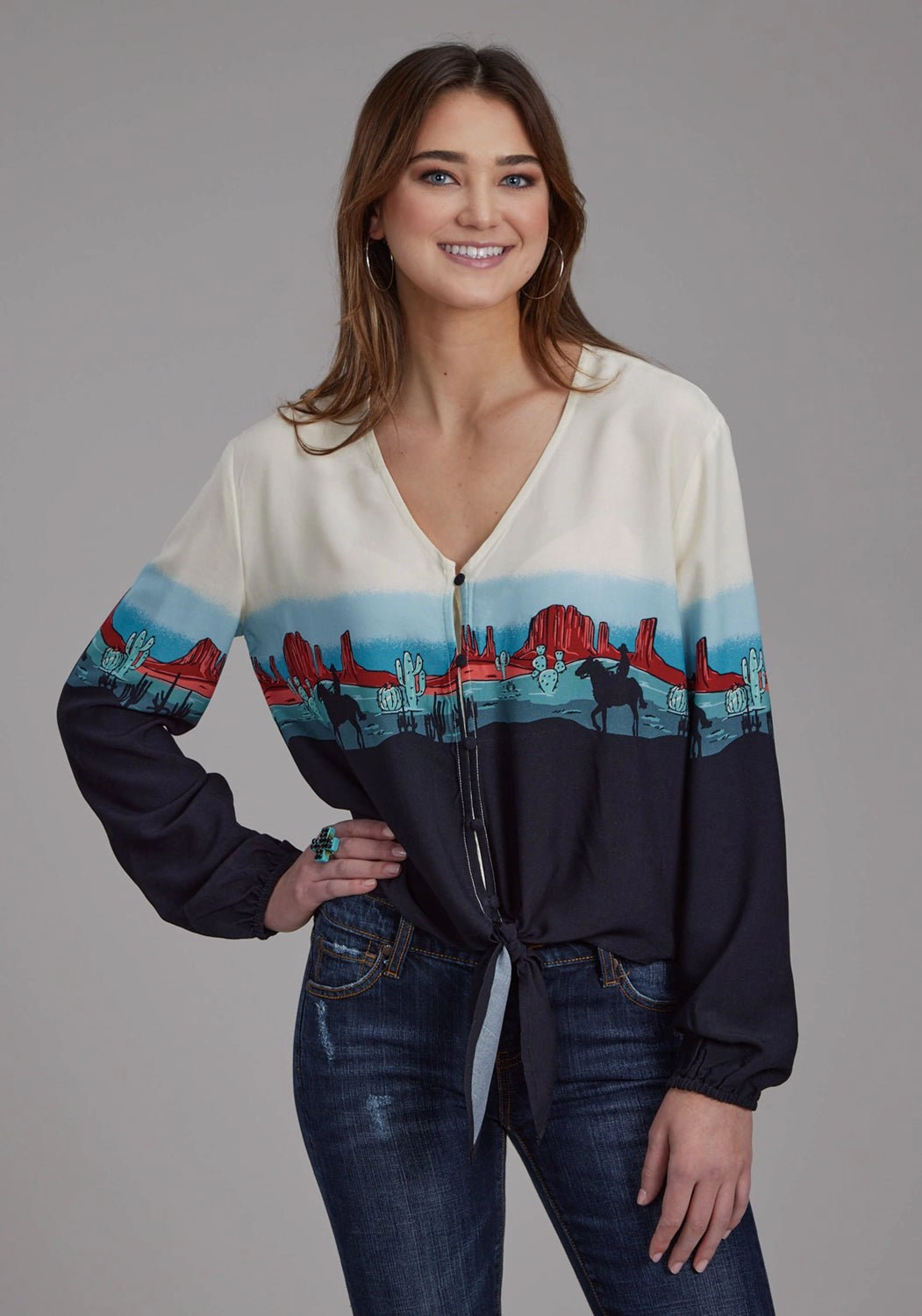 Black Tie Optional Roper Womens Western Border V-Neck Black 100% Rayon L/S Blouse