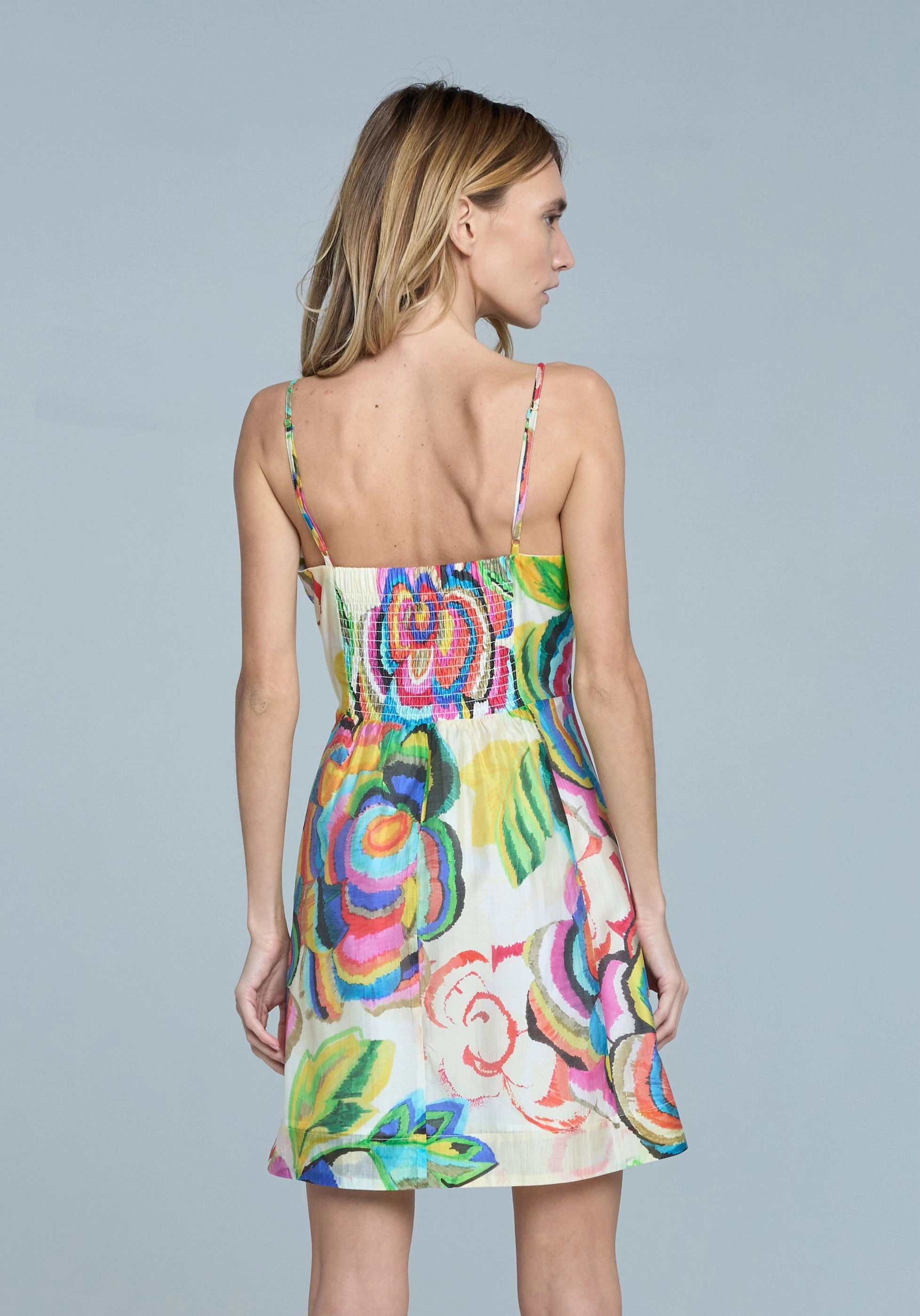 Abstract Floral Print Mini Dress in Cream Multi Functional Fit