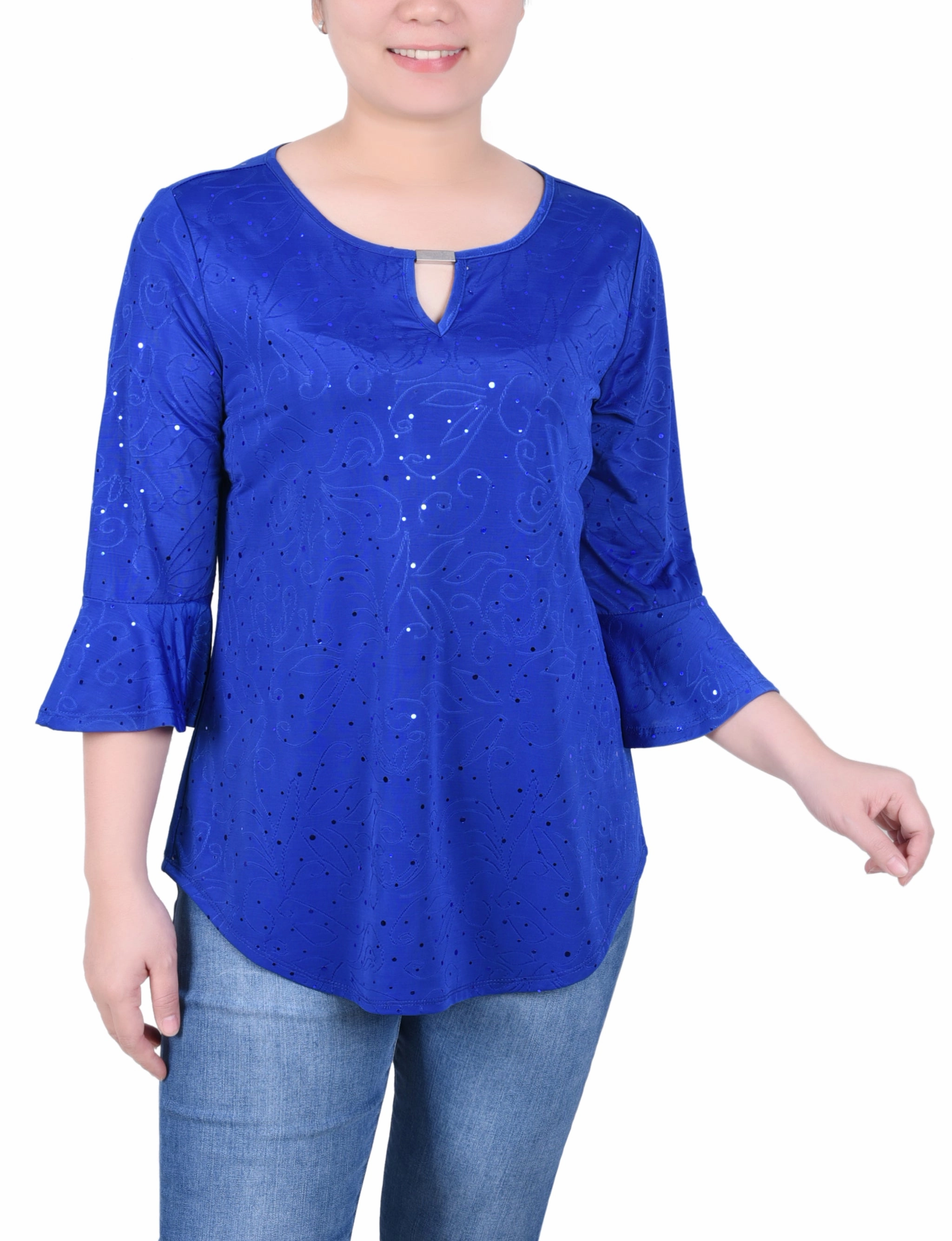 Bonded Hem Technology Petite 3/4 Bell Sleeve Top With Hardware