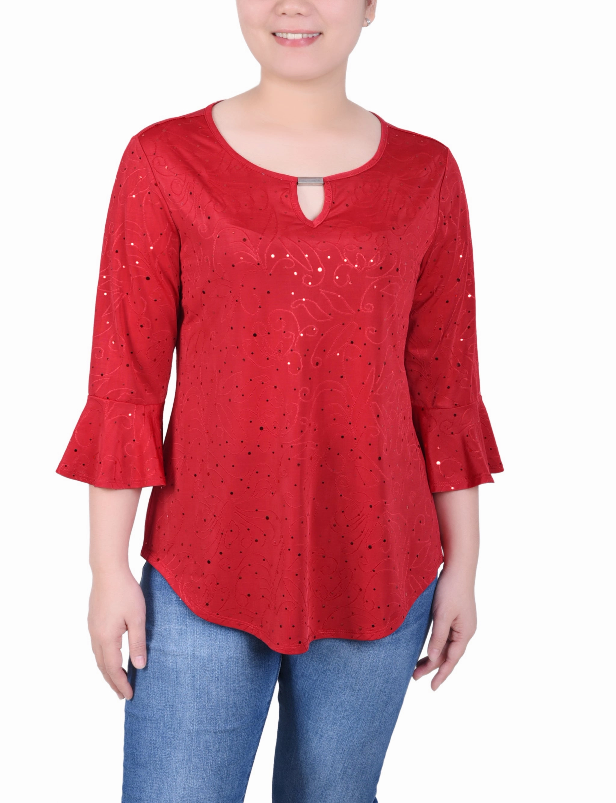 EcoFriendly Material Blend Petite 3/4 Bell Sleeve Top With Hardware