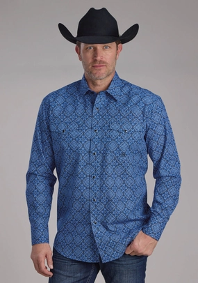 Roper Mens 2251 Sapphire Ornamental Blue 100% Cotton L/S Shirt Military Inspired