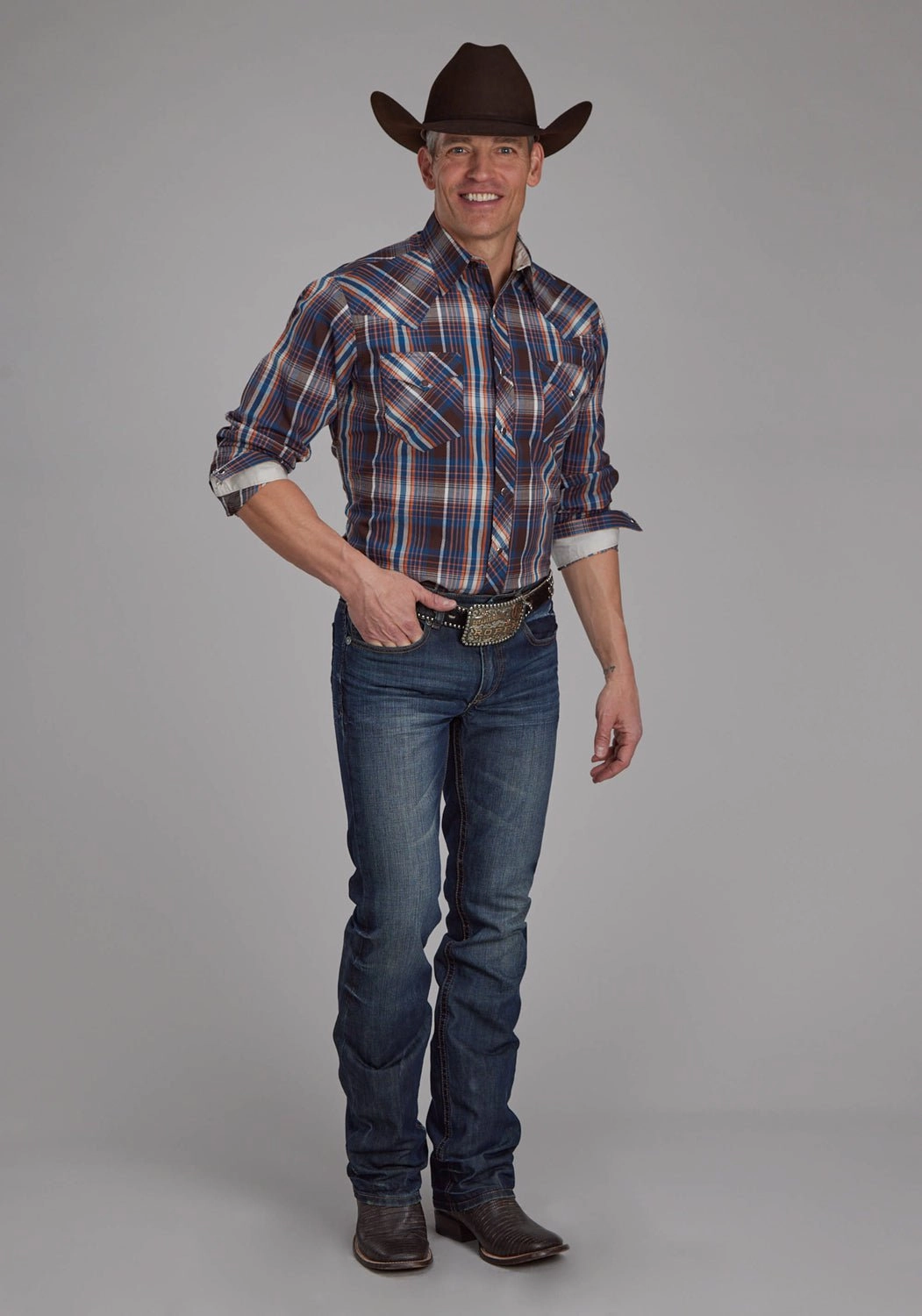 Roper Mens 2176 Arrow Dobby Brown/Blue 100% Cotton L/S Shirt Holiday Gift