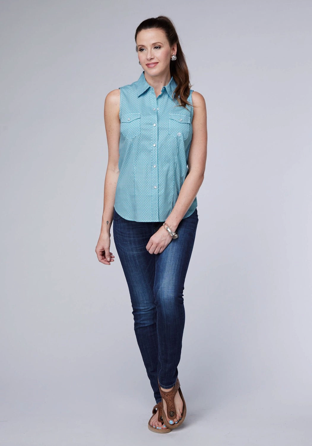 Roper Womens Stretch Neat Green Cotton Blend S/L Shirt Anti Cling Fabric