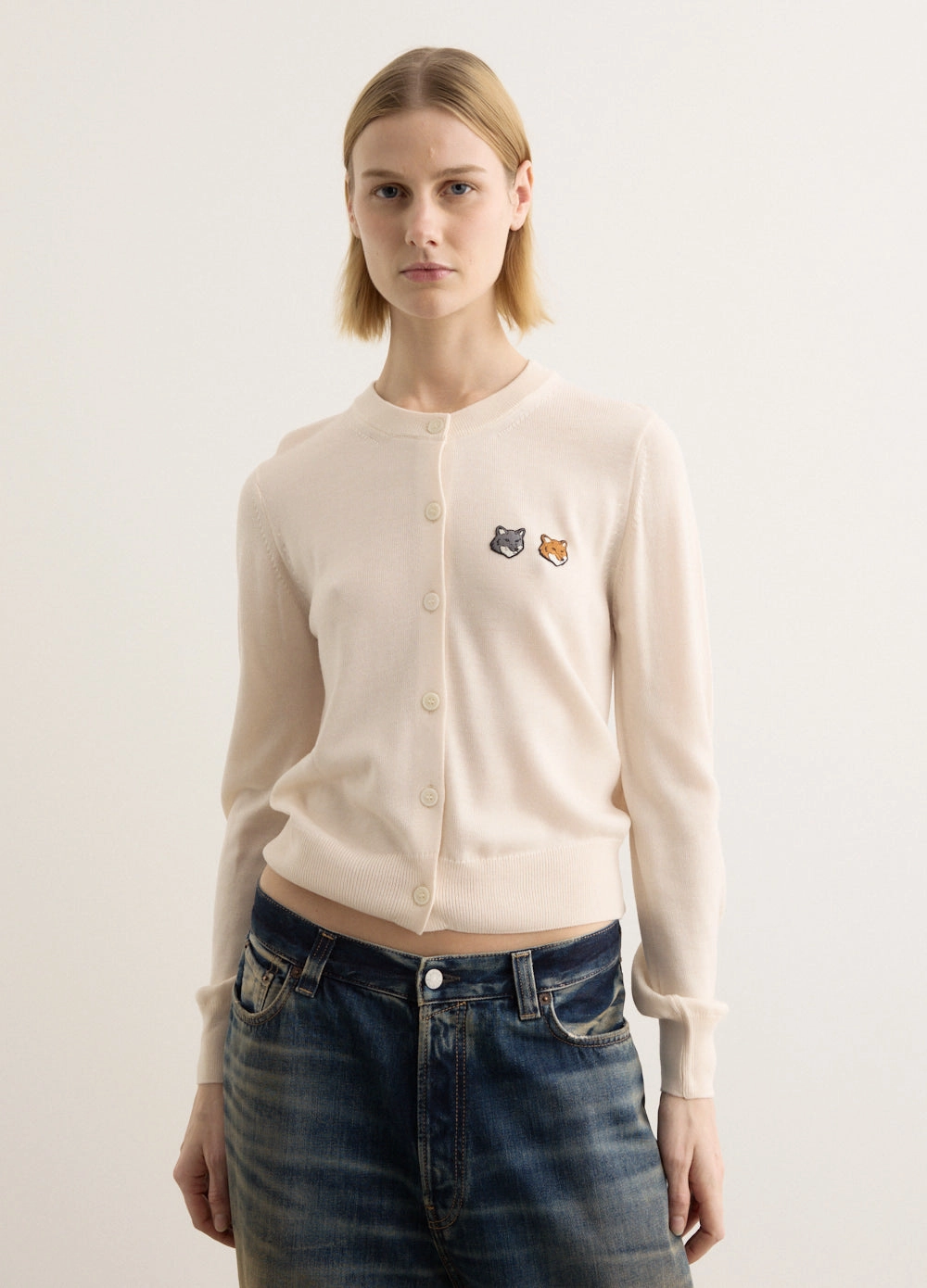 Double Bold Fox Head Patch Regular Cardigan Subtle Elegance