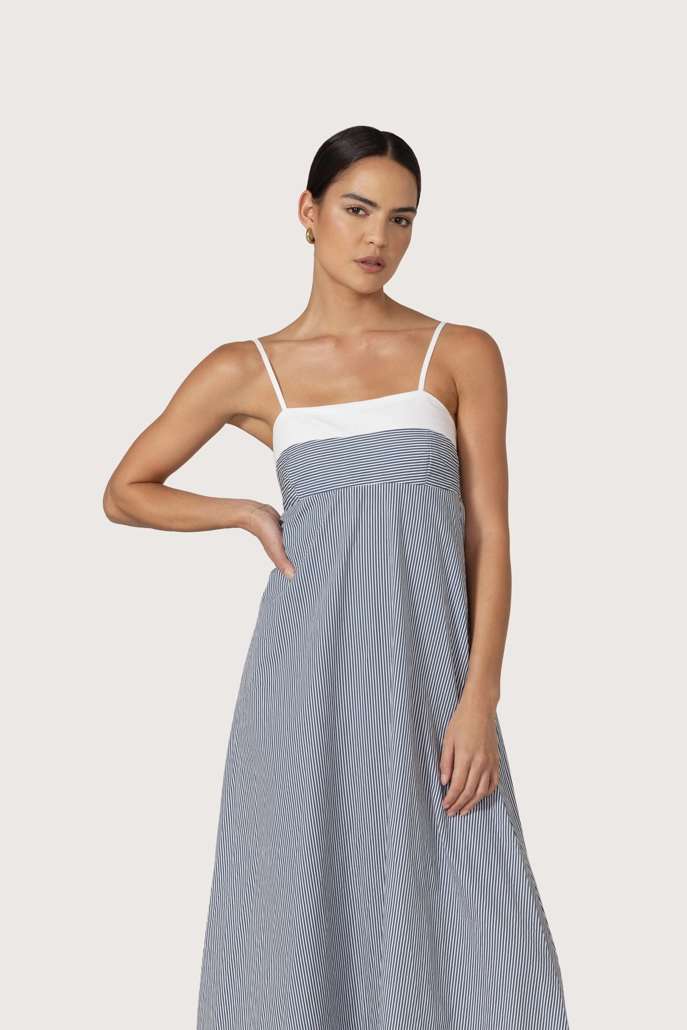 Adriana Maxi Poplin Dress in Denim Stripe Easy Lovely Casual and Comfy
