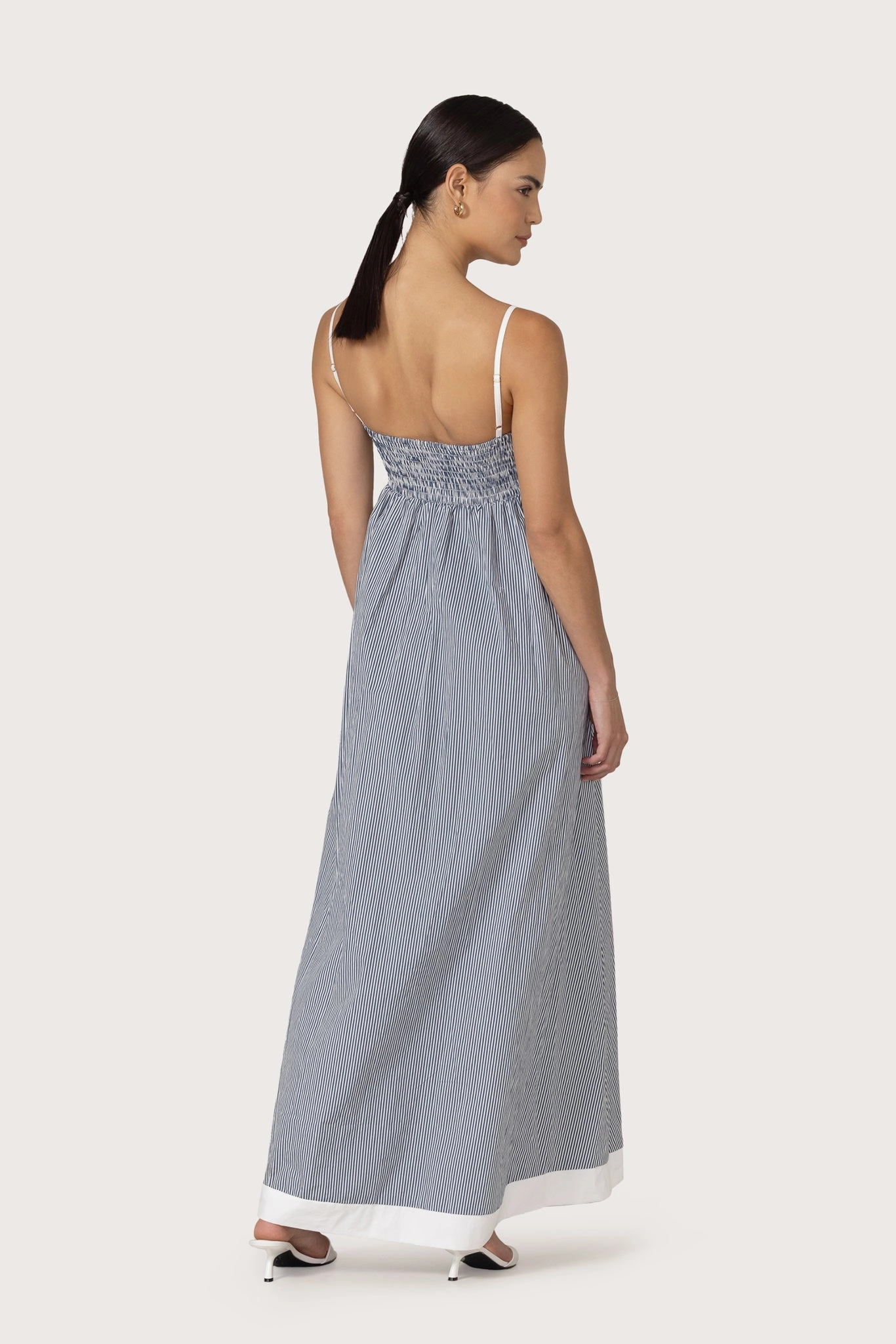 Draped Silhouette Vibrant Look Adriana Maxi Poplin Dress in Denim Stripe