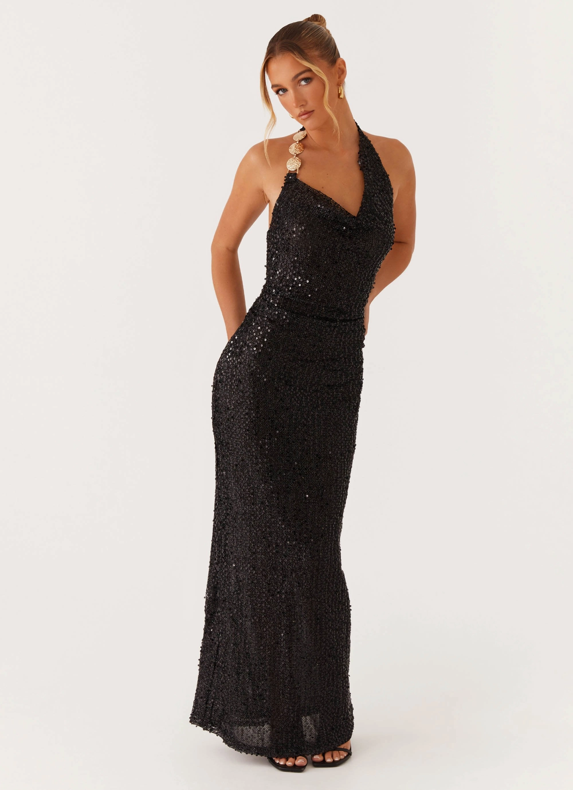 After Tonight Sequin Cowl Neck Maxi Dress - Black Flattering Fit Wear
