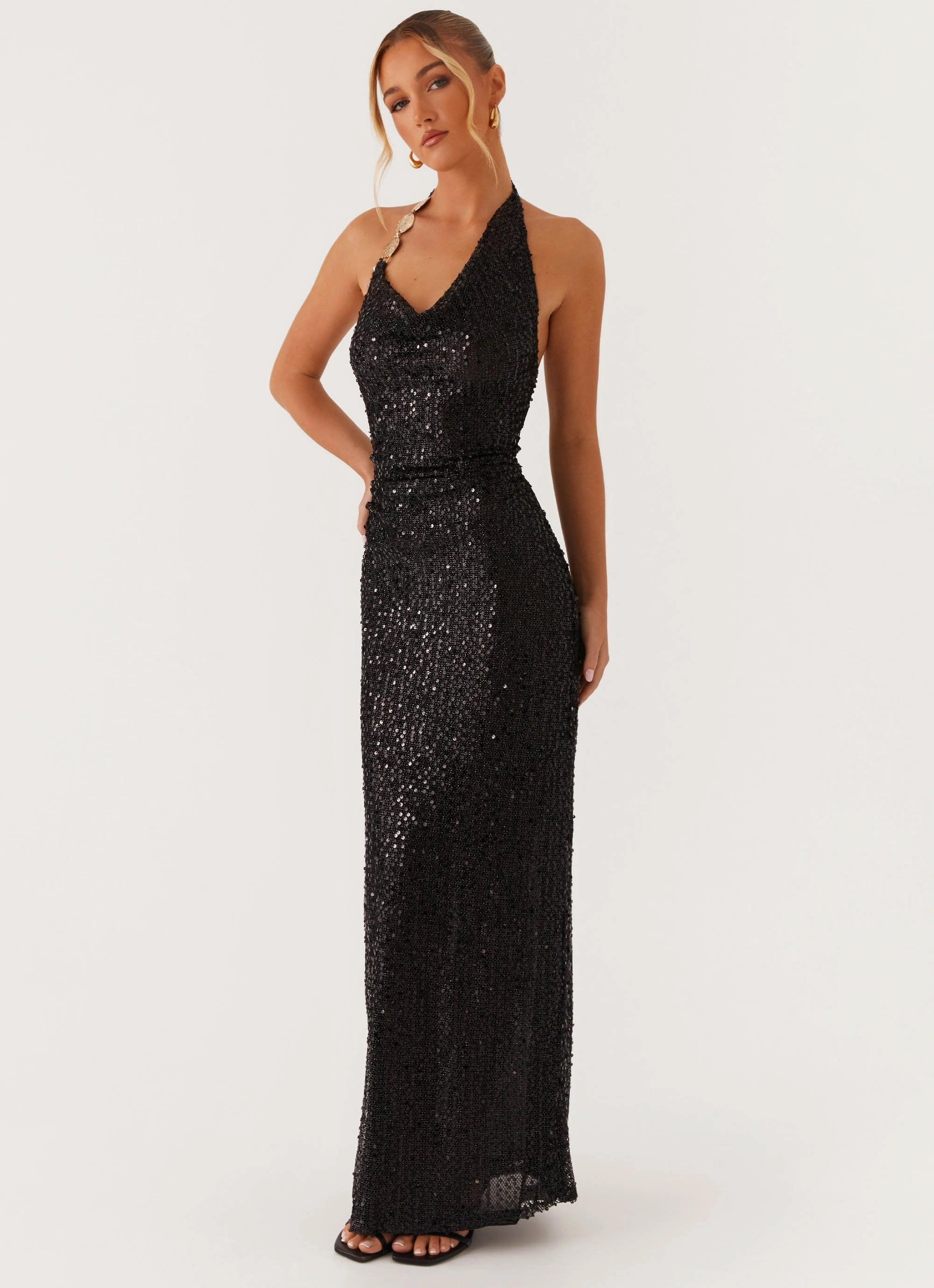 Side-Slit After Tonight Sequin Cowl Neck Maxi Dress - Black