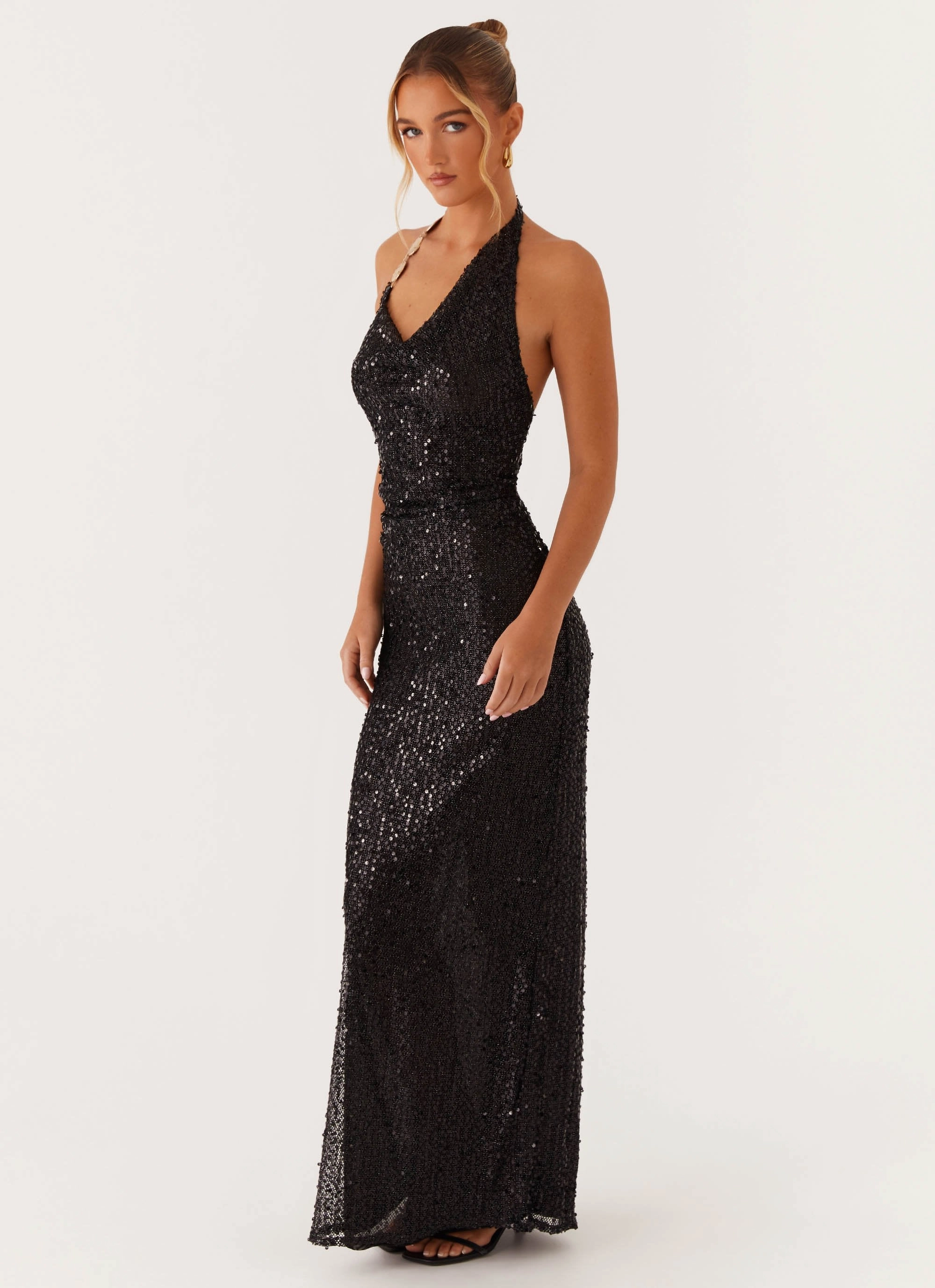 Modest Light After Tonight Sequin Cowl Neck Maxi Dress - Black