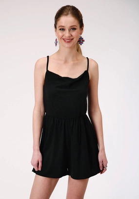 Go-To Basic Roper Womens Black Poly/Rayon Strappy Romper S/L Jumper
