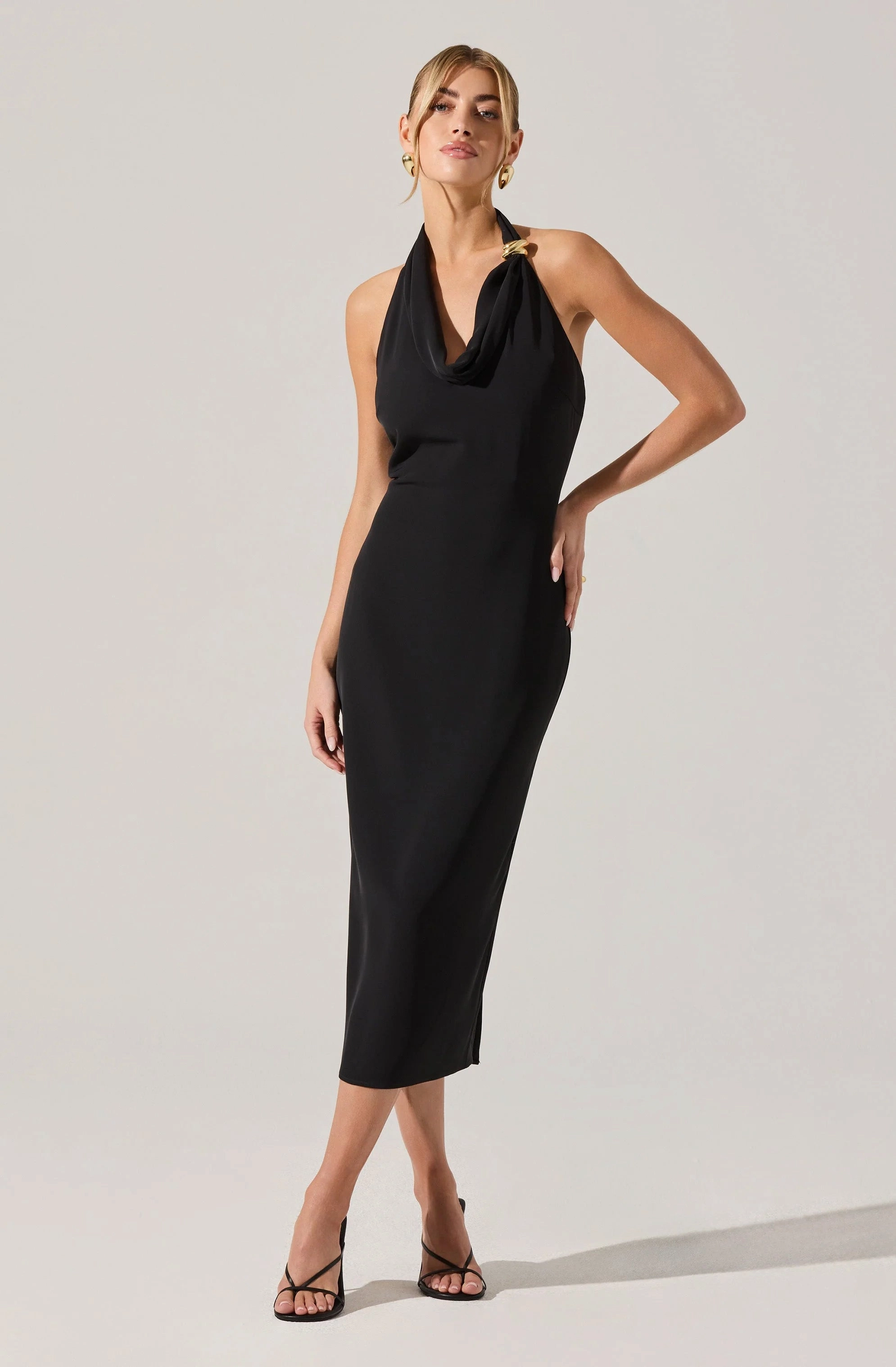 Alanna Halter Cowl Neck Dress in Black Luxe Look Wool-Blend