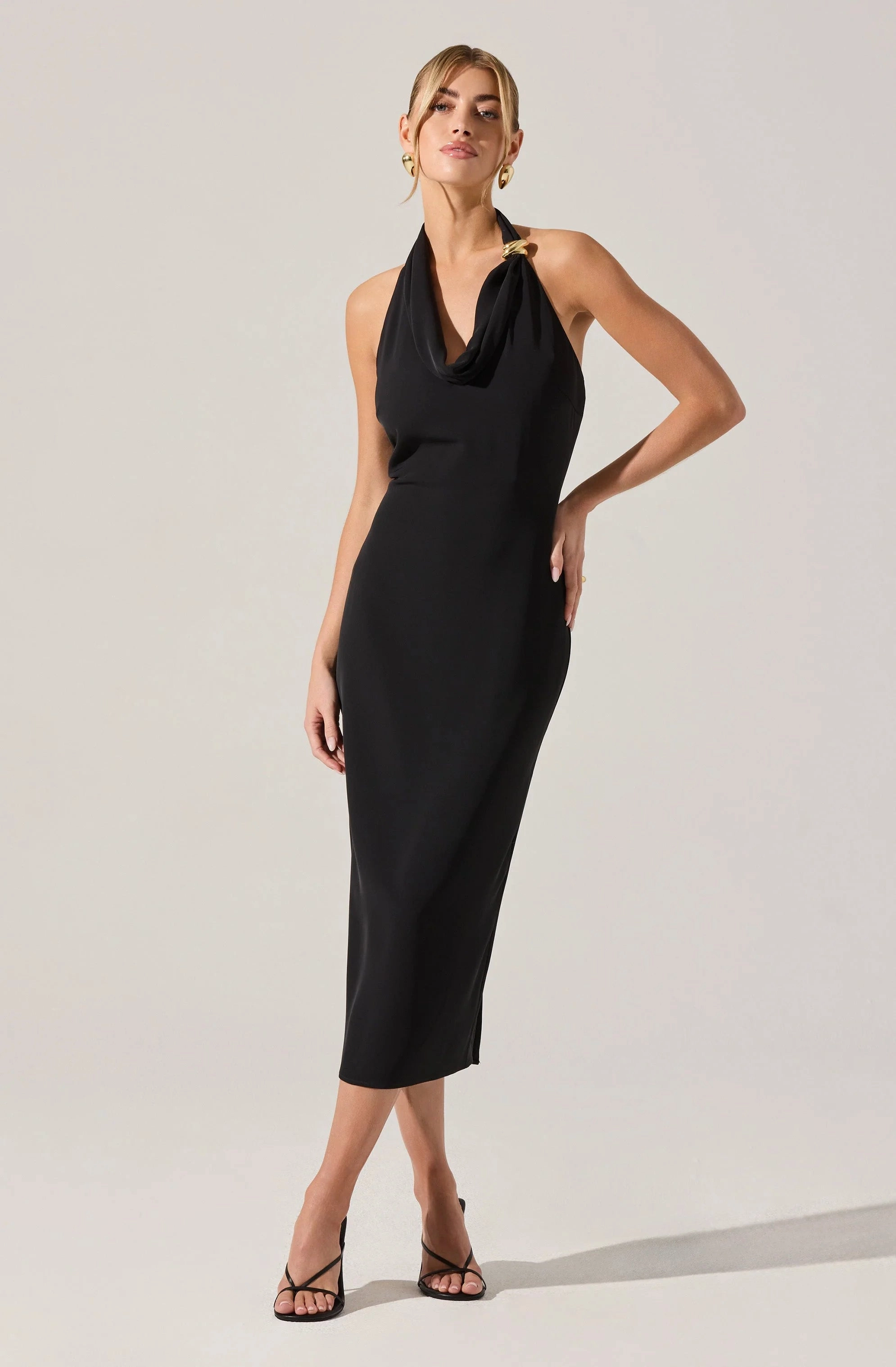 Feminine Energy Alanna Halter Cowl Neck Dress in Black