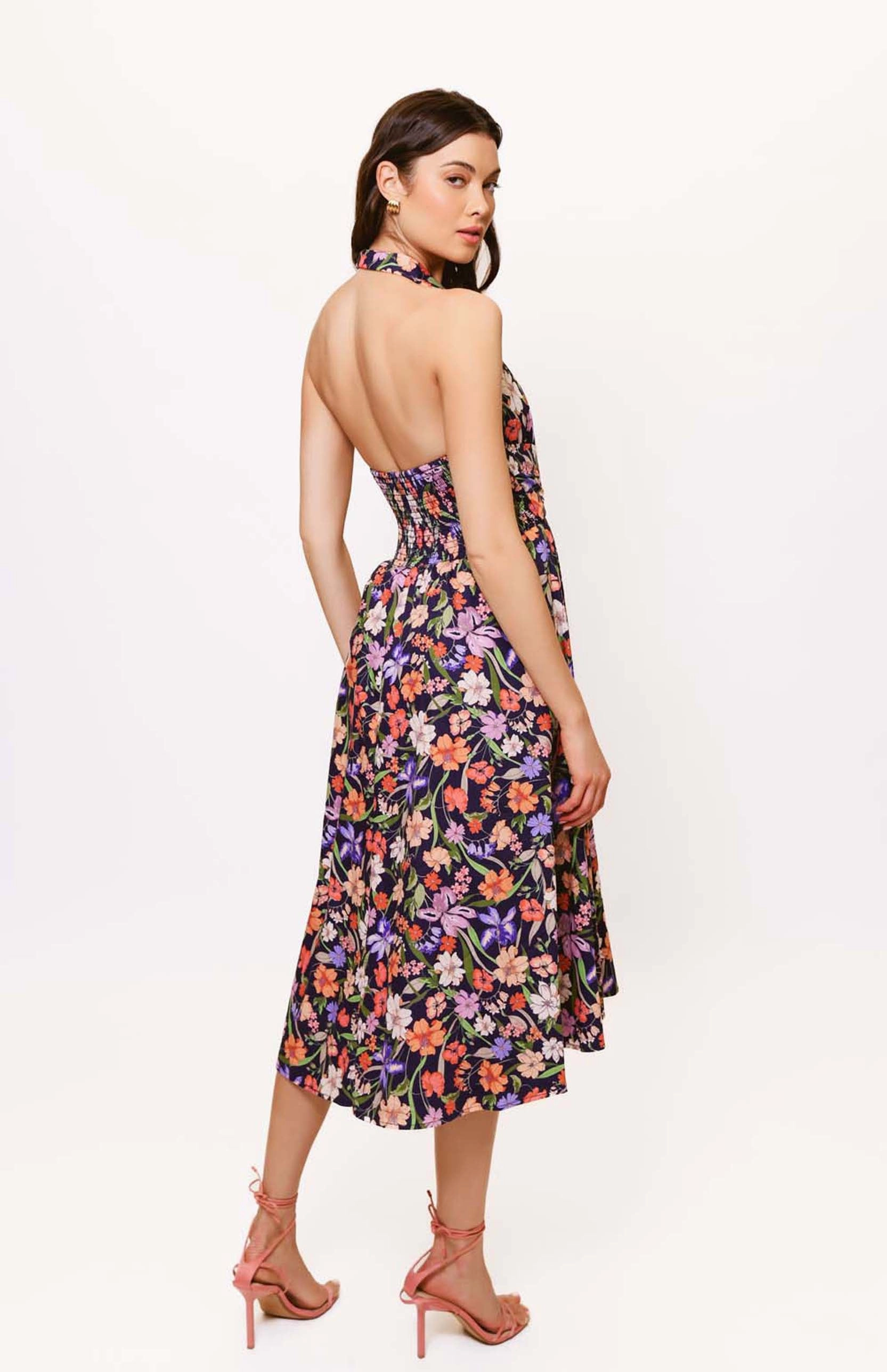 Alessia Dress in Navy Multi Tropical Garden Gloss Finish Lounge Comfort