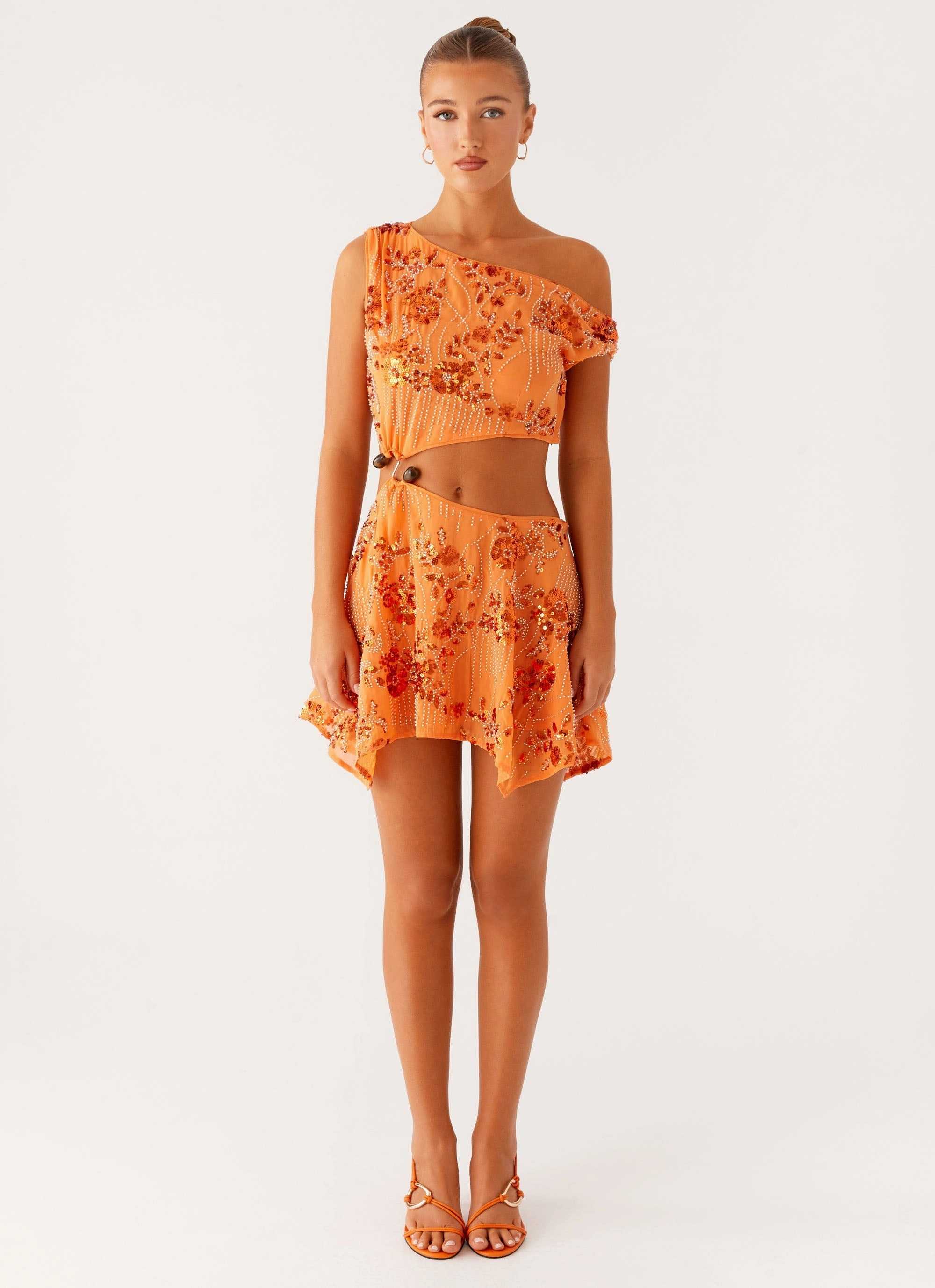 Aletta Sequin Mini Dress - Orange Silky Silhouette Bare Glow