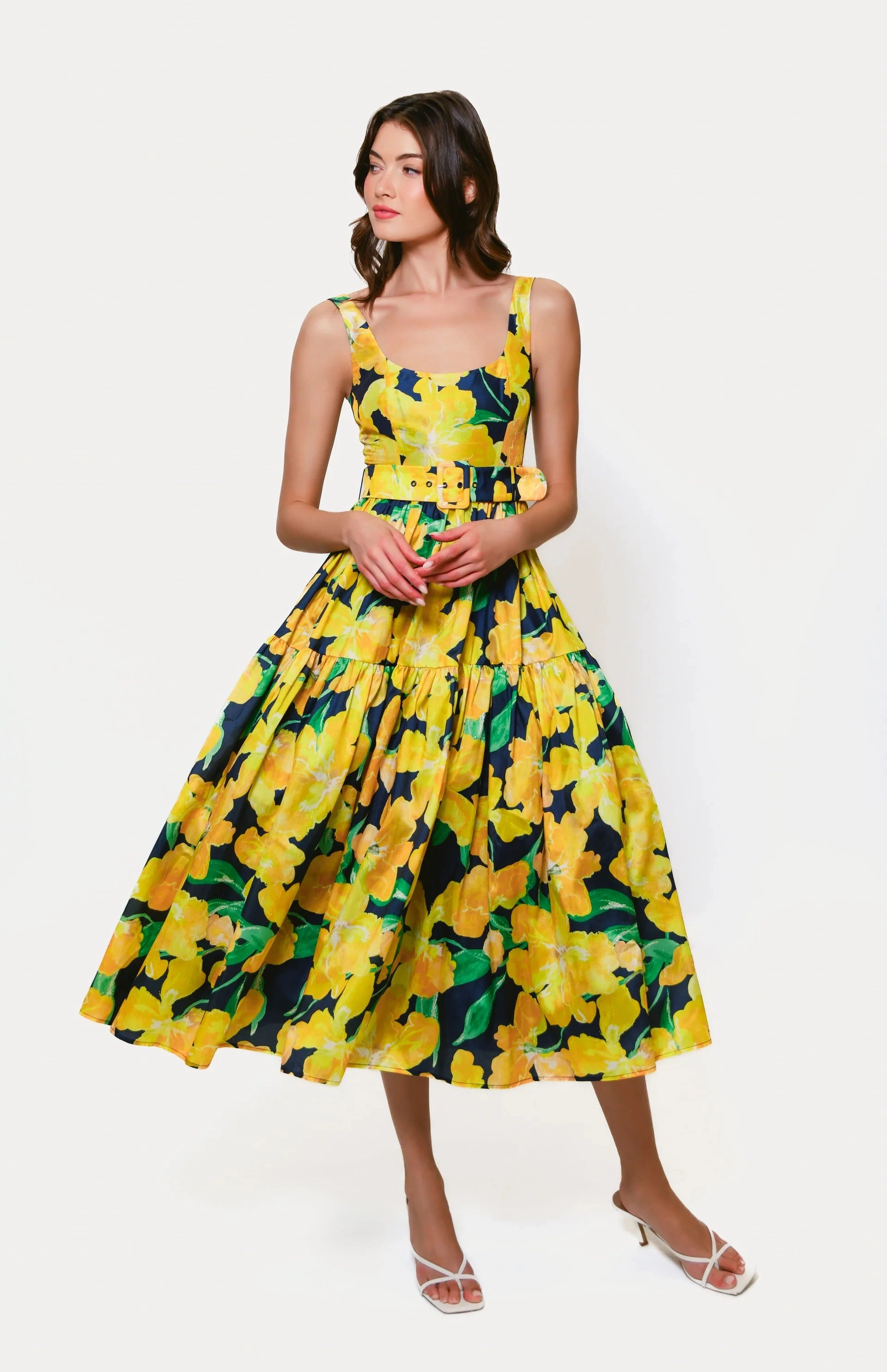 Alice Belted Tiered Maxi in Navy Watercolor Pastel Orchids Whimsical Mood