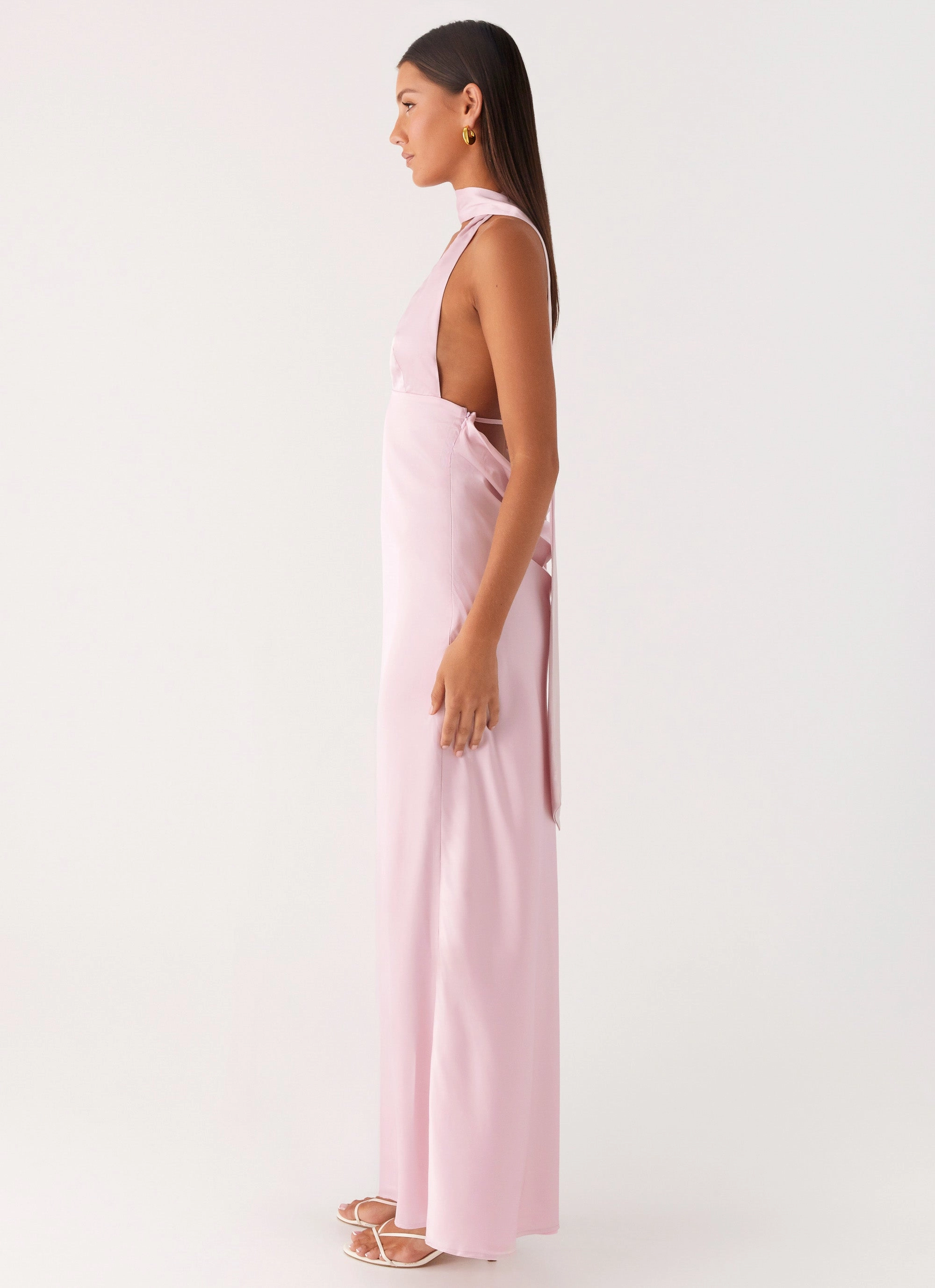 Draped-Style Alicia Satin Halter Maxi Dress - Baby Pink