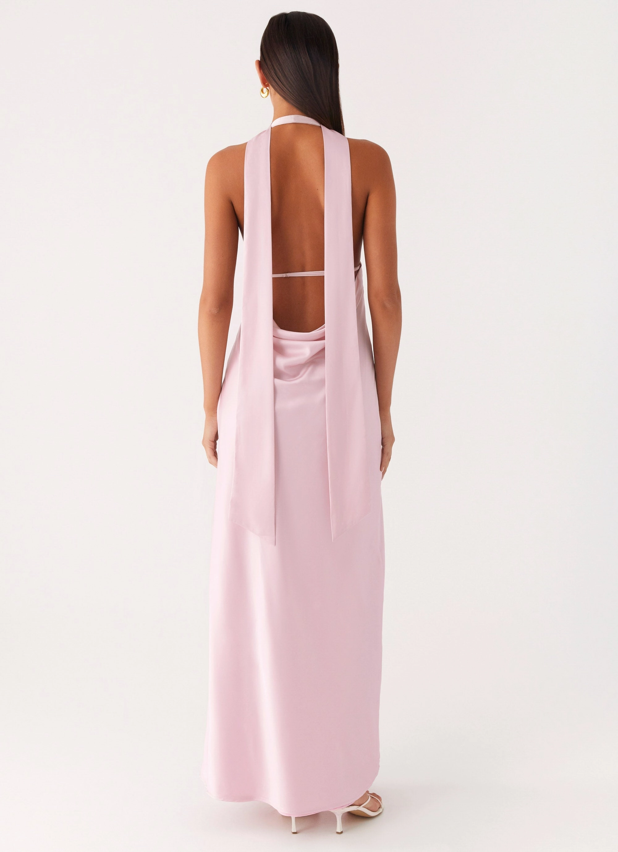 Flutter-Sleeve Office Shape Alicia Satin Halter Maxi Dress - Baby Pink
