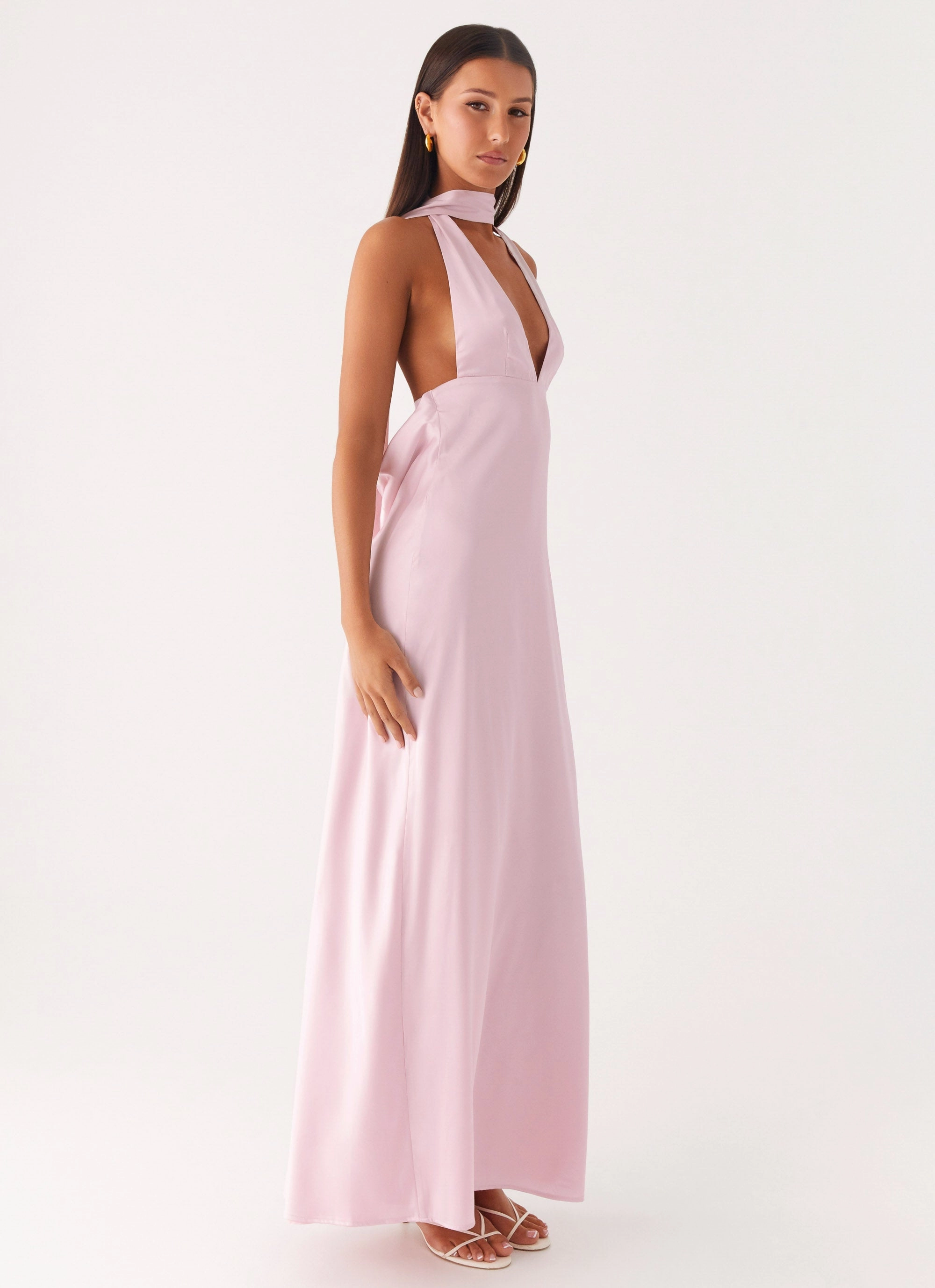 Alicia Satin Halter Maxi Dress - Baby Pink Matte Look Wedding guest