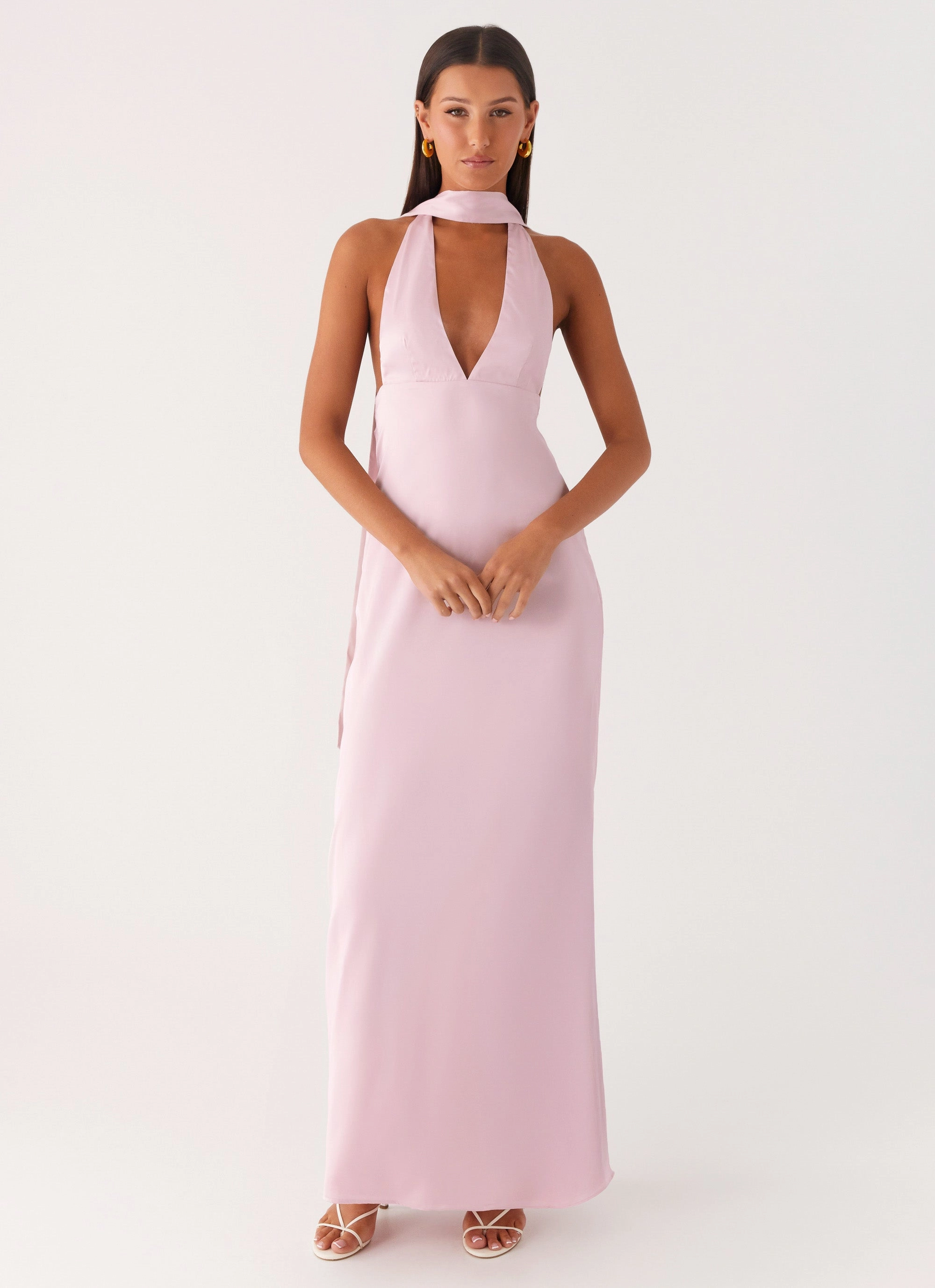 Flattering Shape Design Slimming Shape Alicia Satin Halter Maxi Dress - Baby Pink