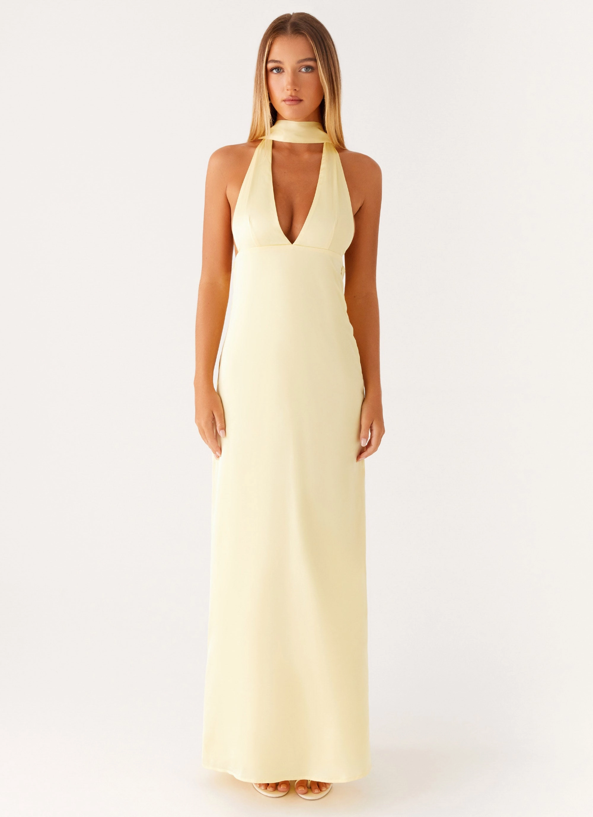 Polished Edge Flattering Lines Alicia Satin Halter Maxi Dress - Yellow