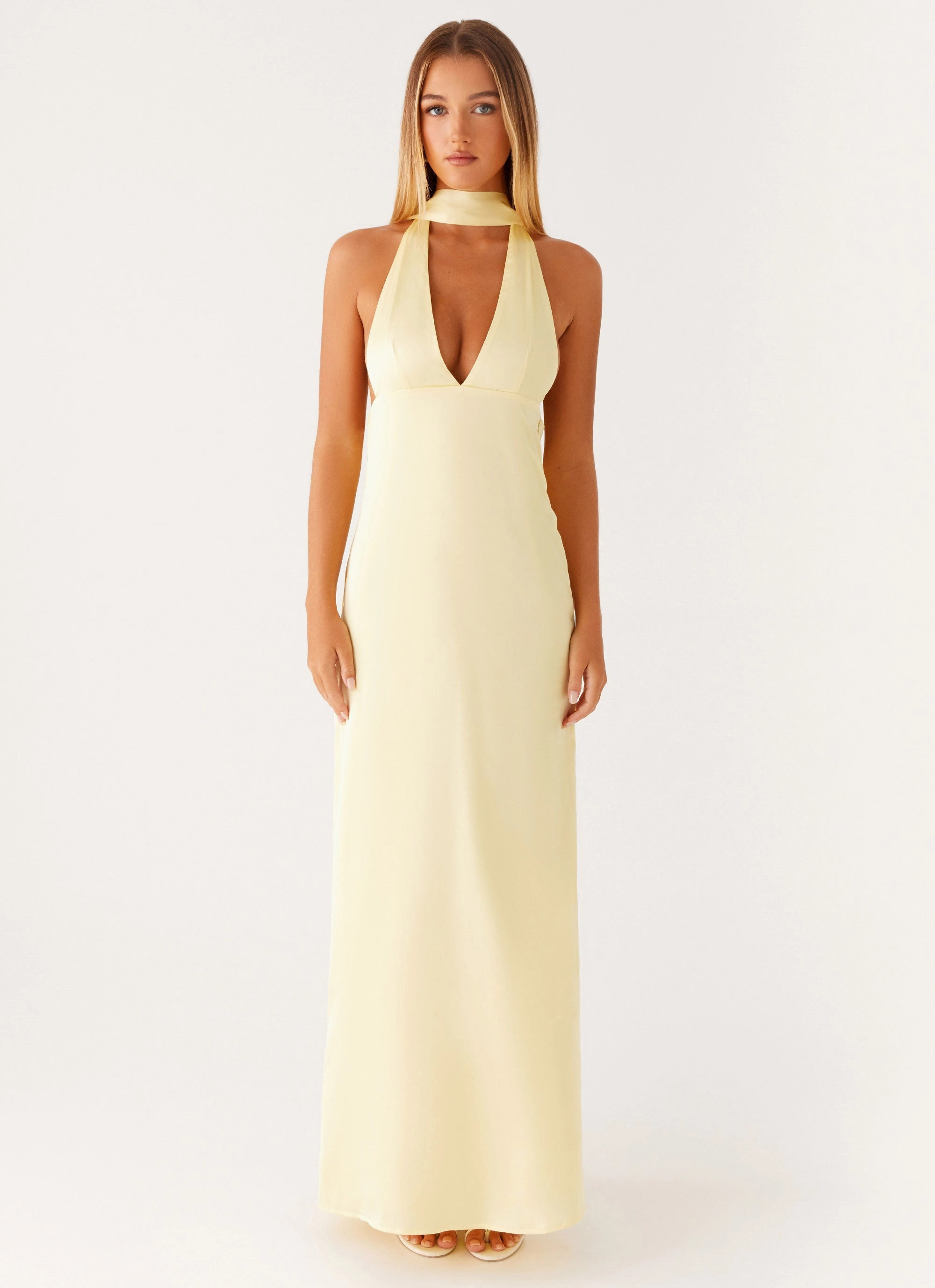 Wide Hemline Light Silhouette Alicia Satin Halter Maxi Dress - Yellow