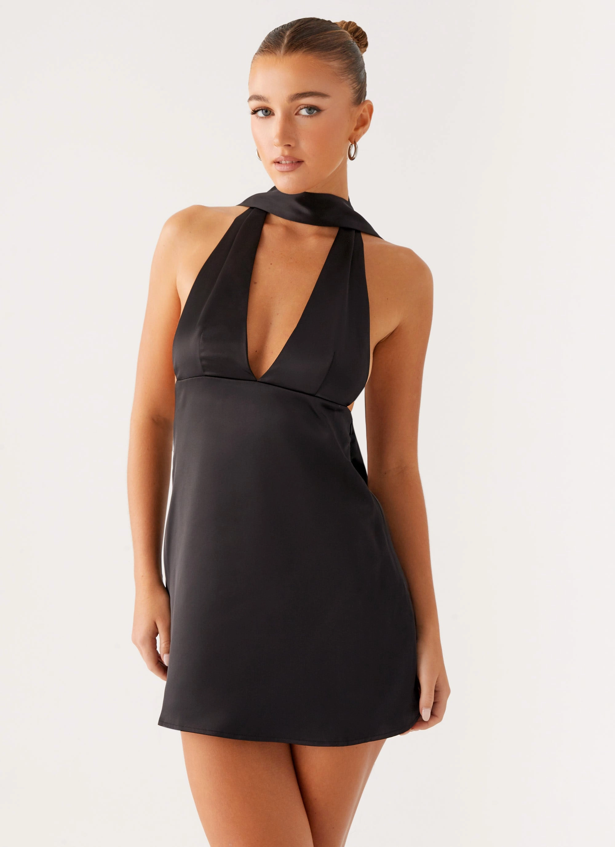 Alicia Satin Halter Mini Dress - Black Delicate Touch