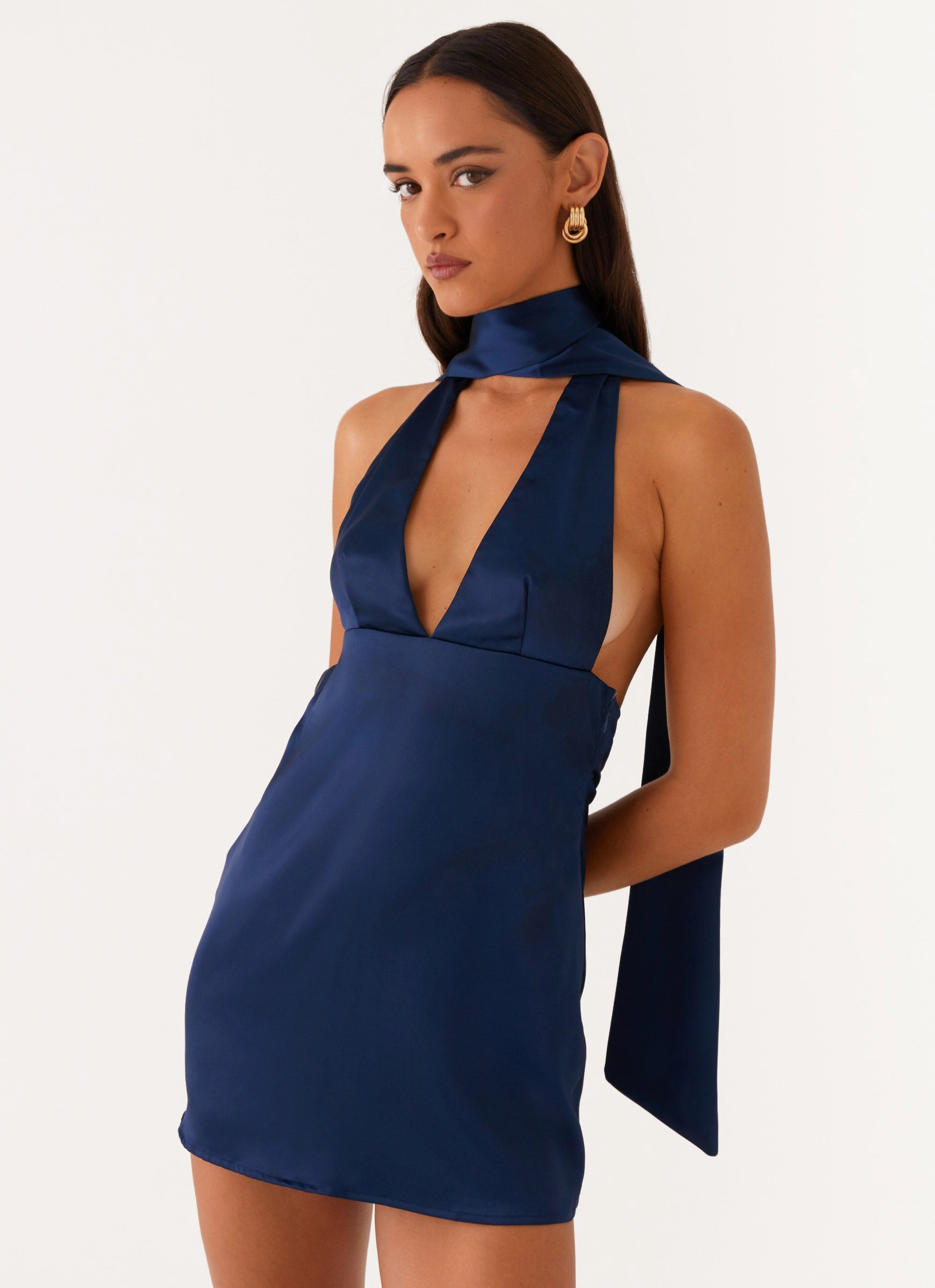 Alicia Satin Halter Mini Dress - Navy Artisanal-Detail packable